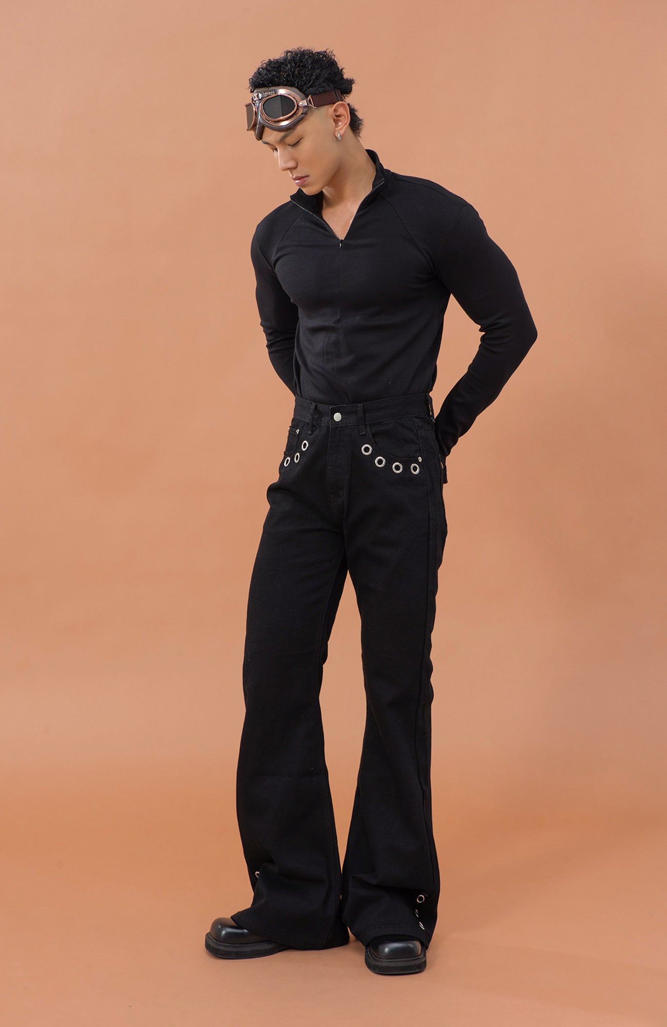 CLP Eyelet-Stud Stacked Hem Flared Jeans, premium urban and streetwear designers apparel on PROJECTISR.com, CLP