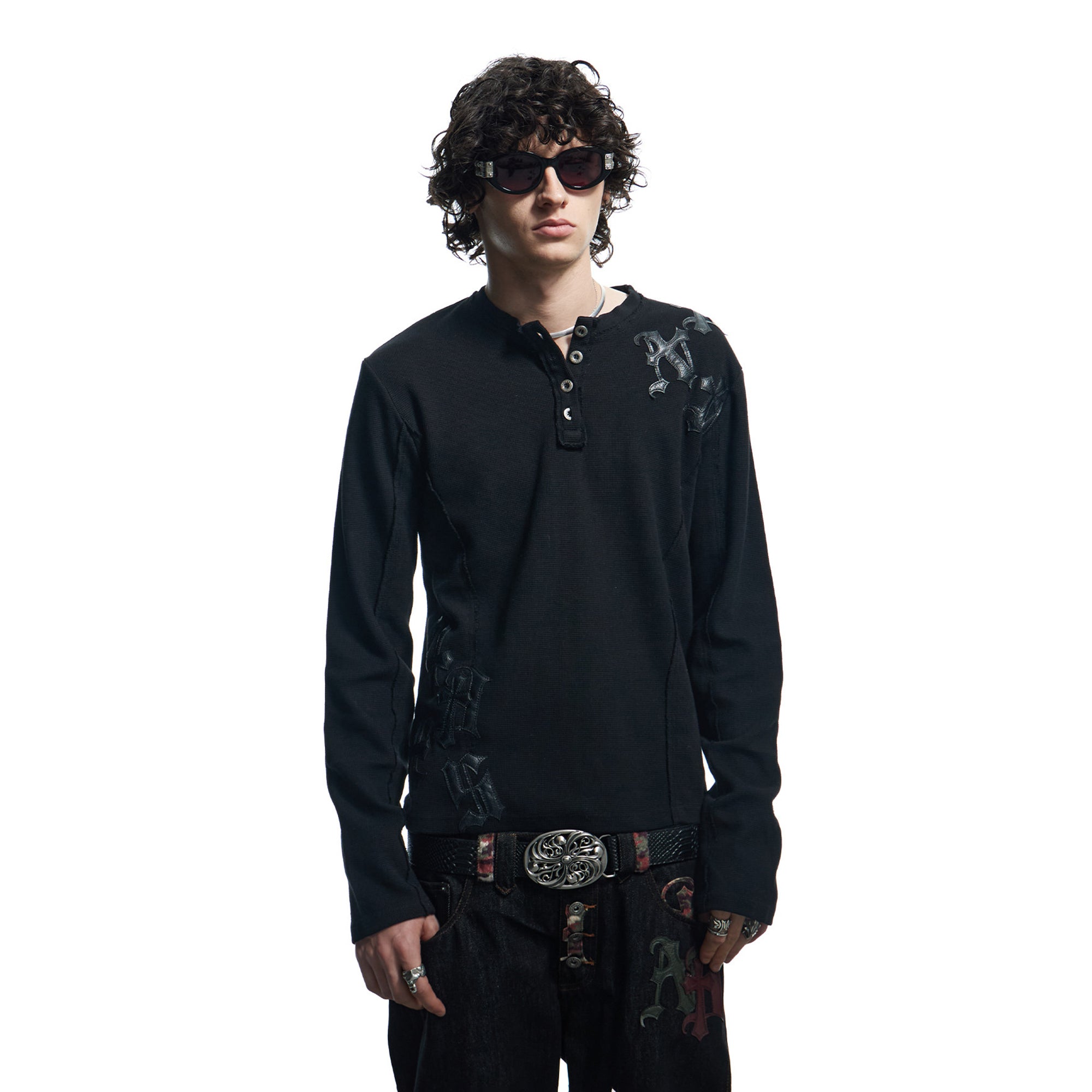 DND4DES Waffle-Knit Gothic Henley Long-Sleeve Tee, premium urban and streetwear designers apparel on PROJECTISR.com, DND4DES