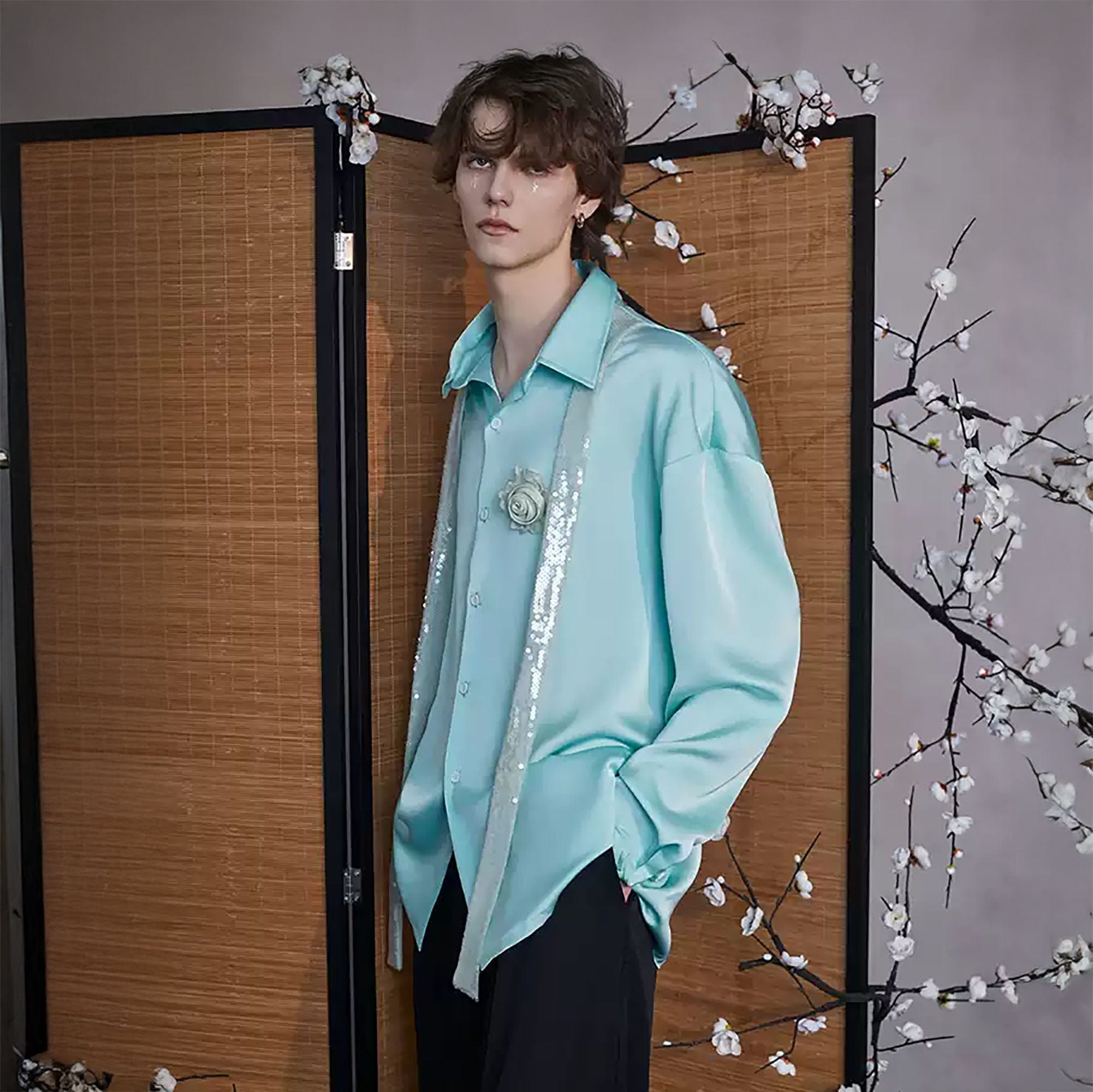 JIECHI Bloom Sequin-Draped Satin Shirt Aqua, premium urban and streetwear designers apparel on PROJECTISR.com, JIECHI