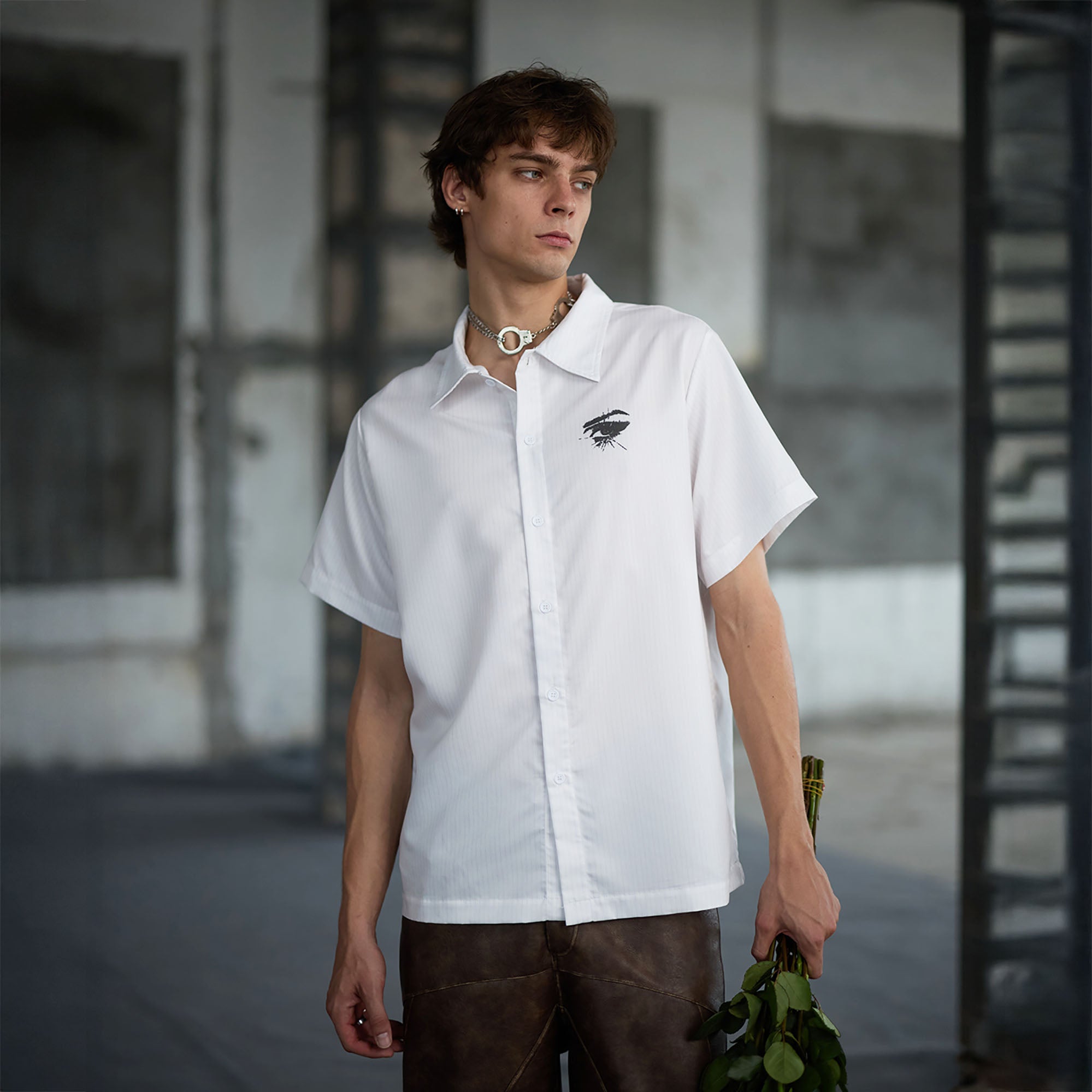RECOVER ZONE Striped Punk Patch Half Shirt