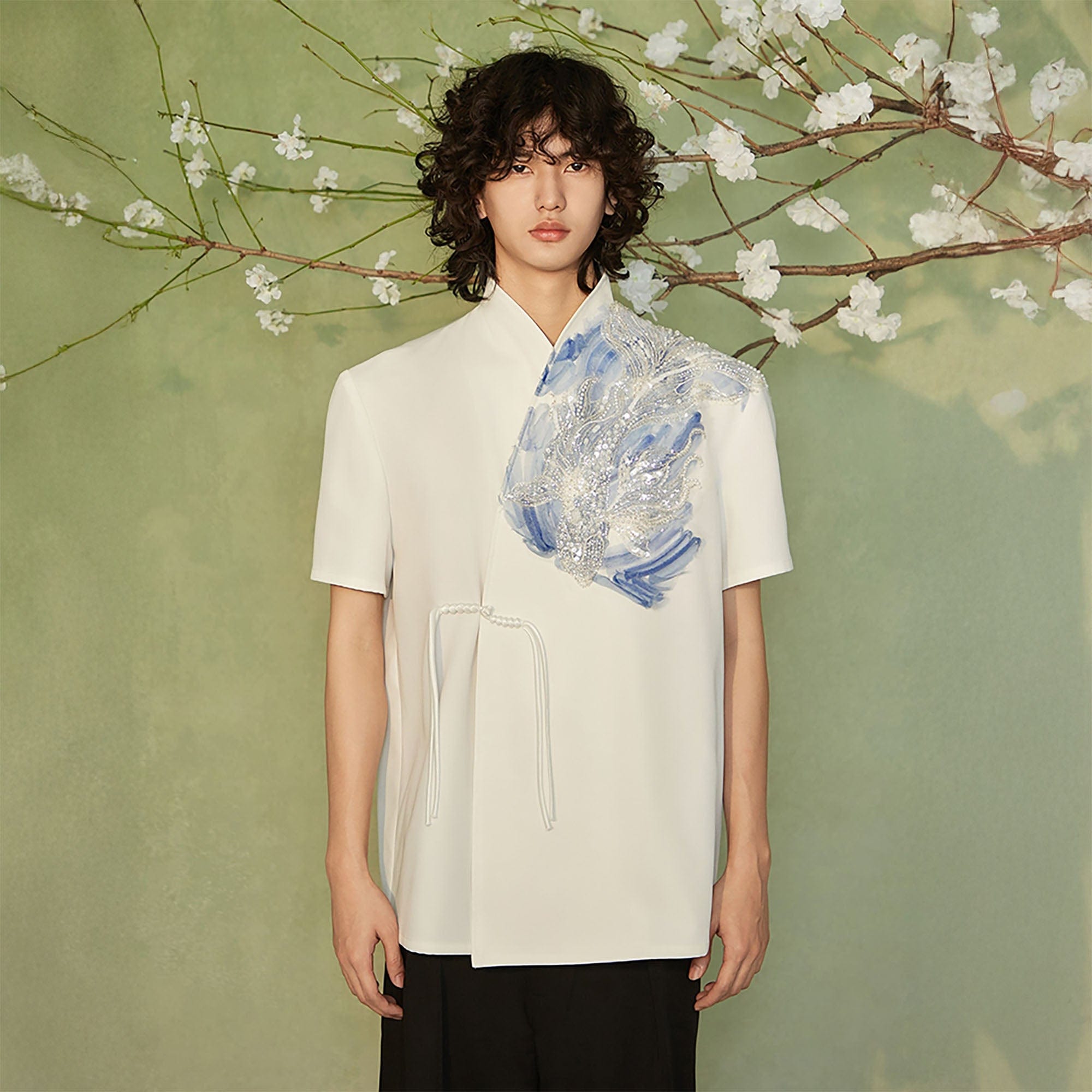 JIECHI Seascape Koi Embroidered Asymmetrical Half Shirt, premium urban and streetwear designers apparel on PROJECTISR.com, JIECHI