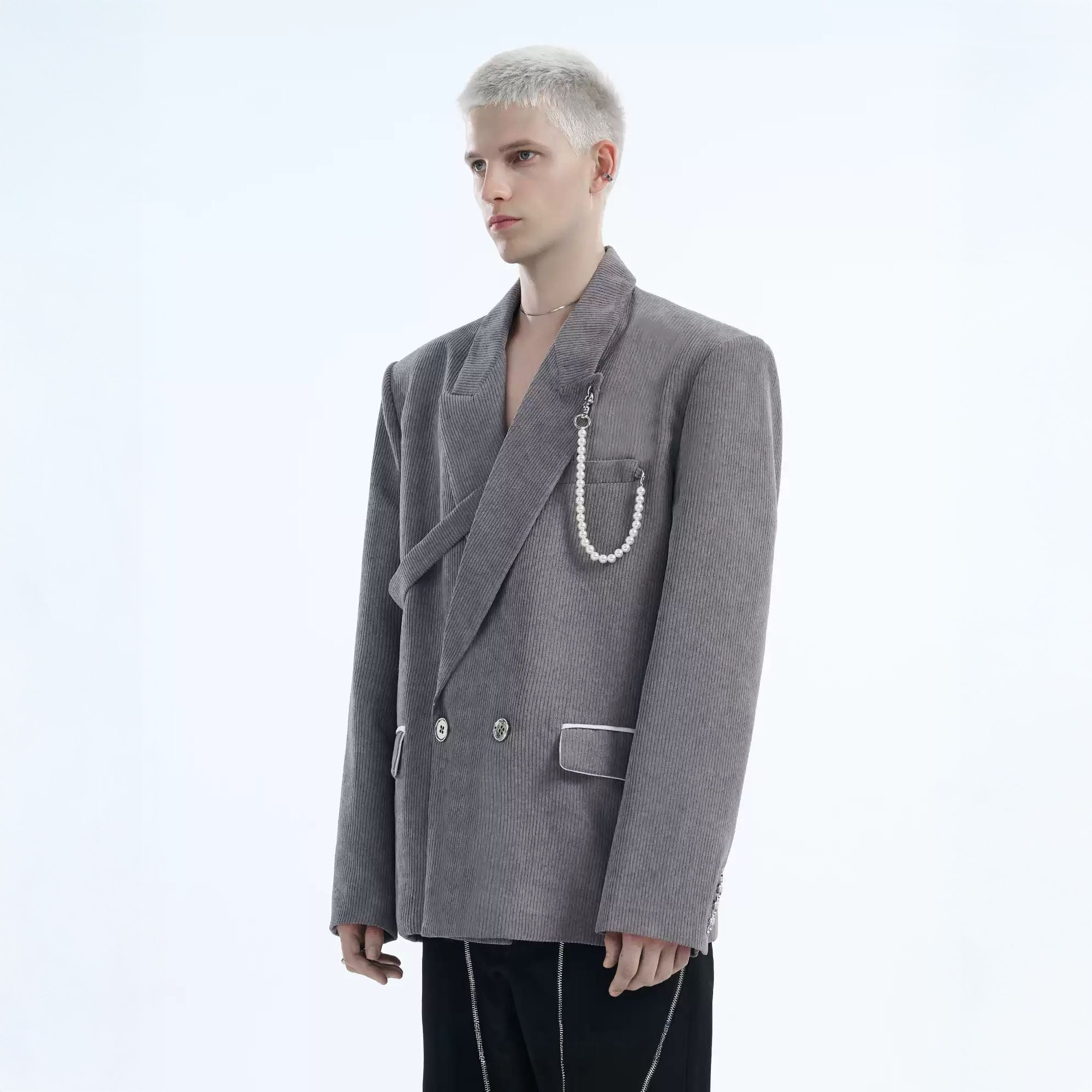 TIWILLTANG Asymmetrical Strap Pearl-Chain Corduroy Blazer