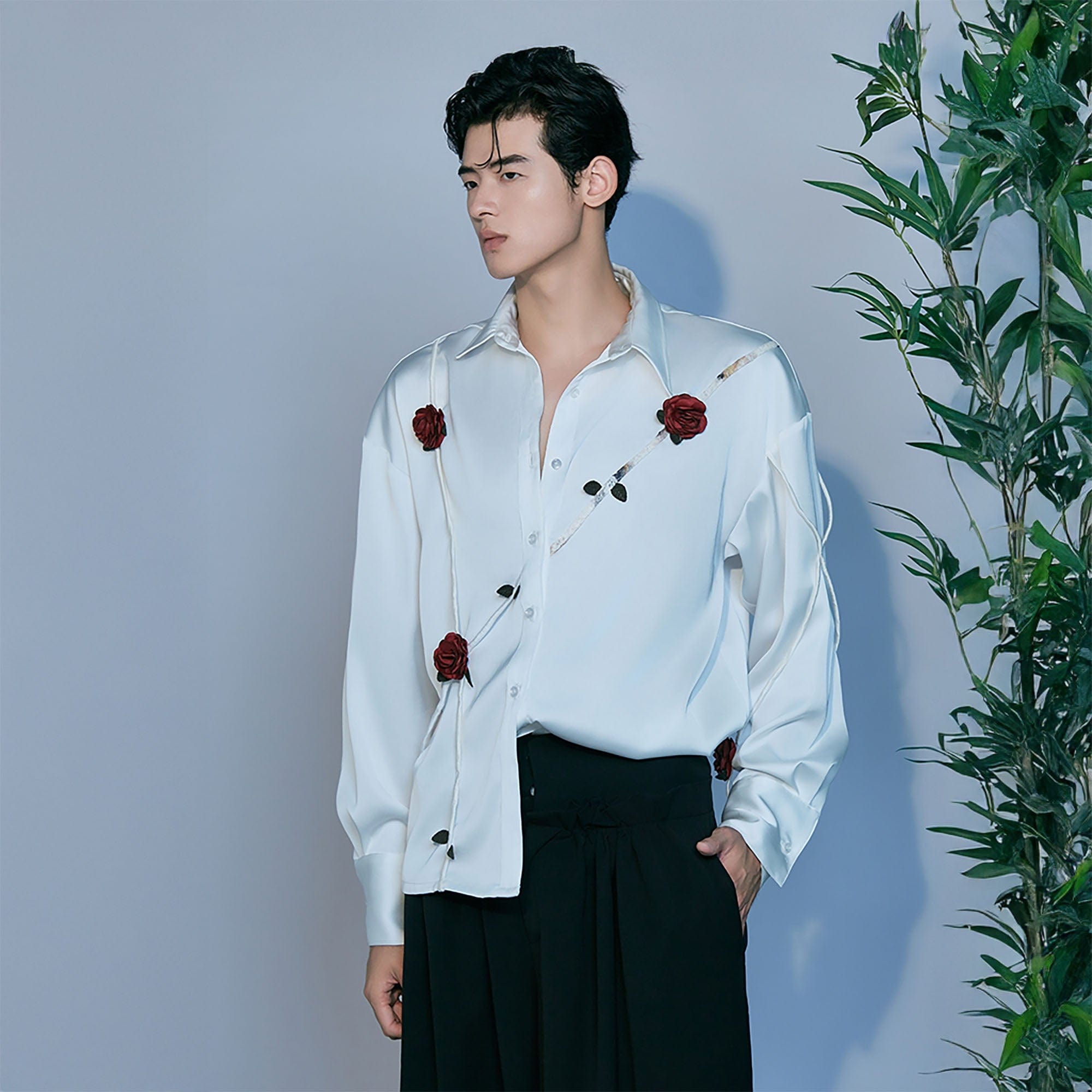 JIECHI Rose Embellished Acetate Spliced Shirt, premium urban and streetwear designers apparel on PROJECTISR.com, JIECHI