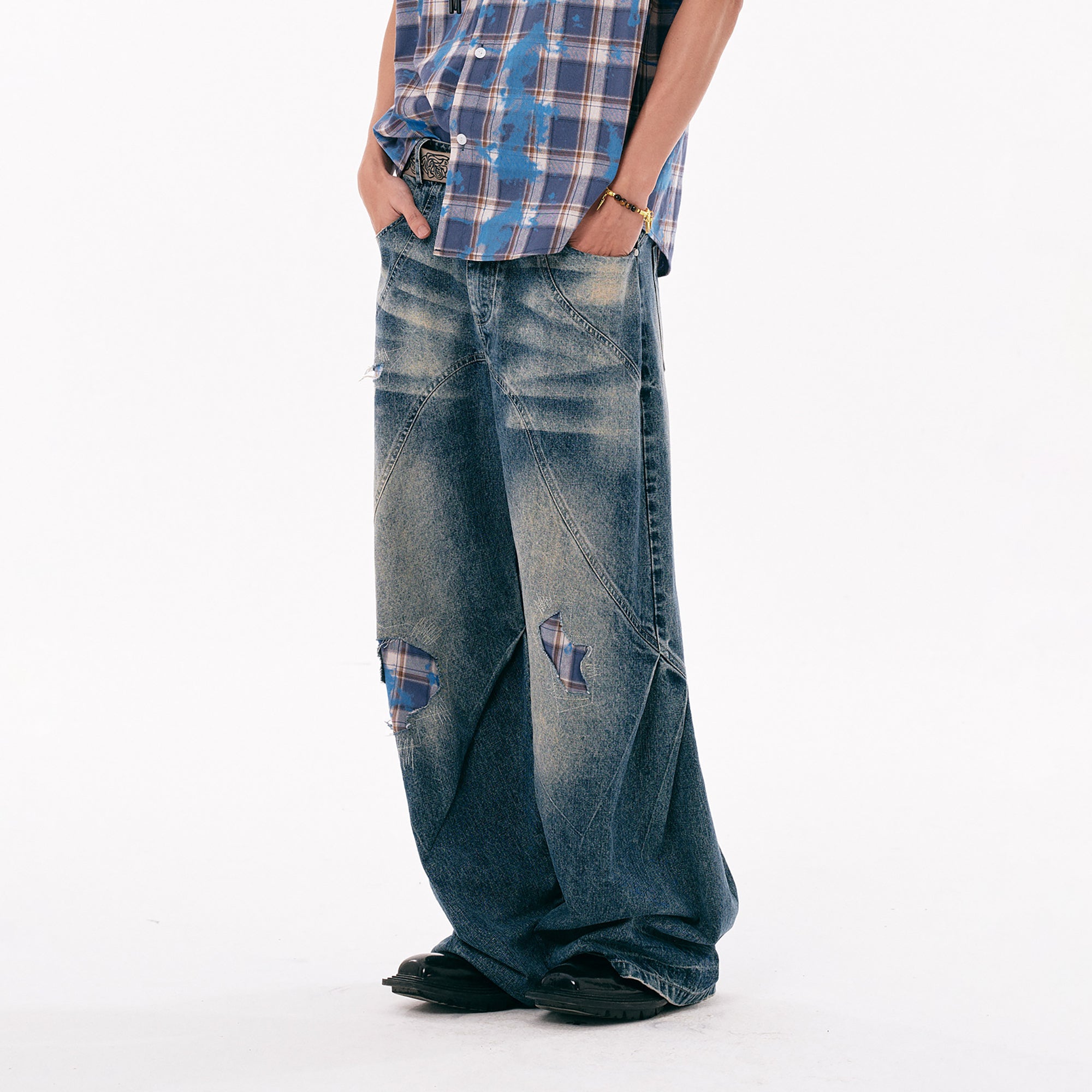 PASET Plaid Patch Distressed Wide-Leg Jeans