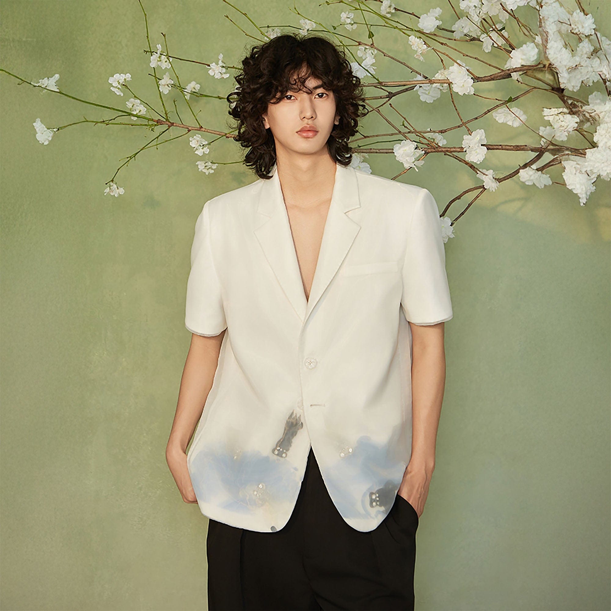 JIECHI Water-Ink Koi Embroidered Sheer Overlay Half Blazer, premium urban and streetwear designers apparel on PROJECTISR.com, JIECHI