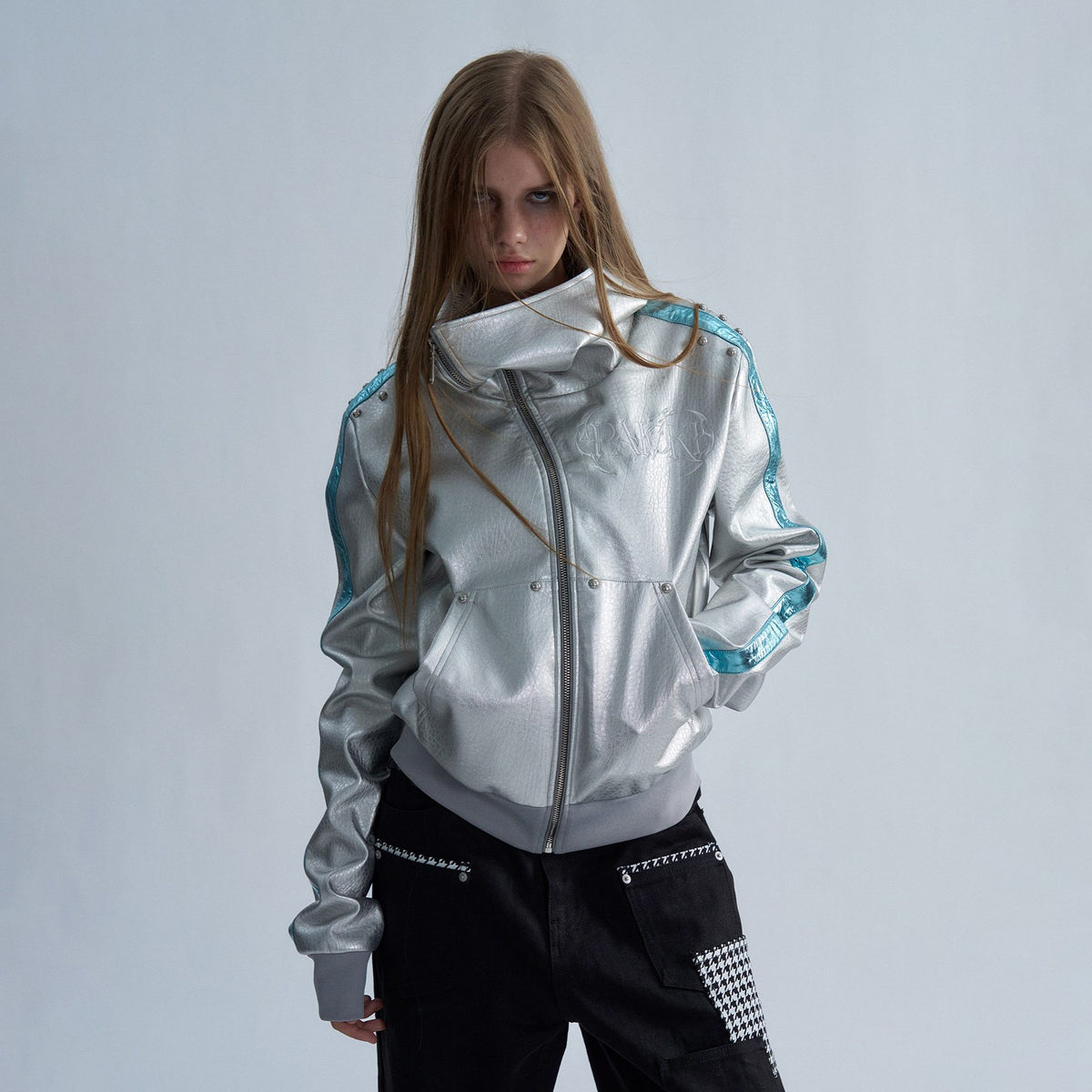 PAIKI Embroidered Studded Zip-Up Hooded Faux Leather Jacket