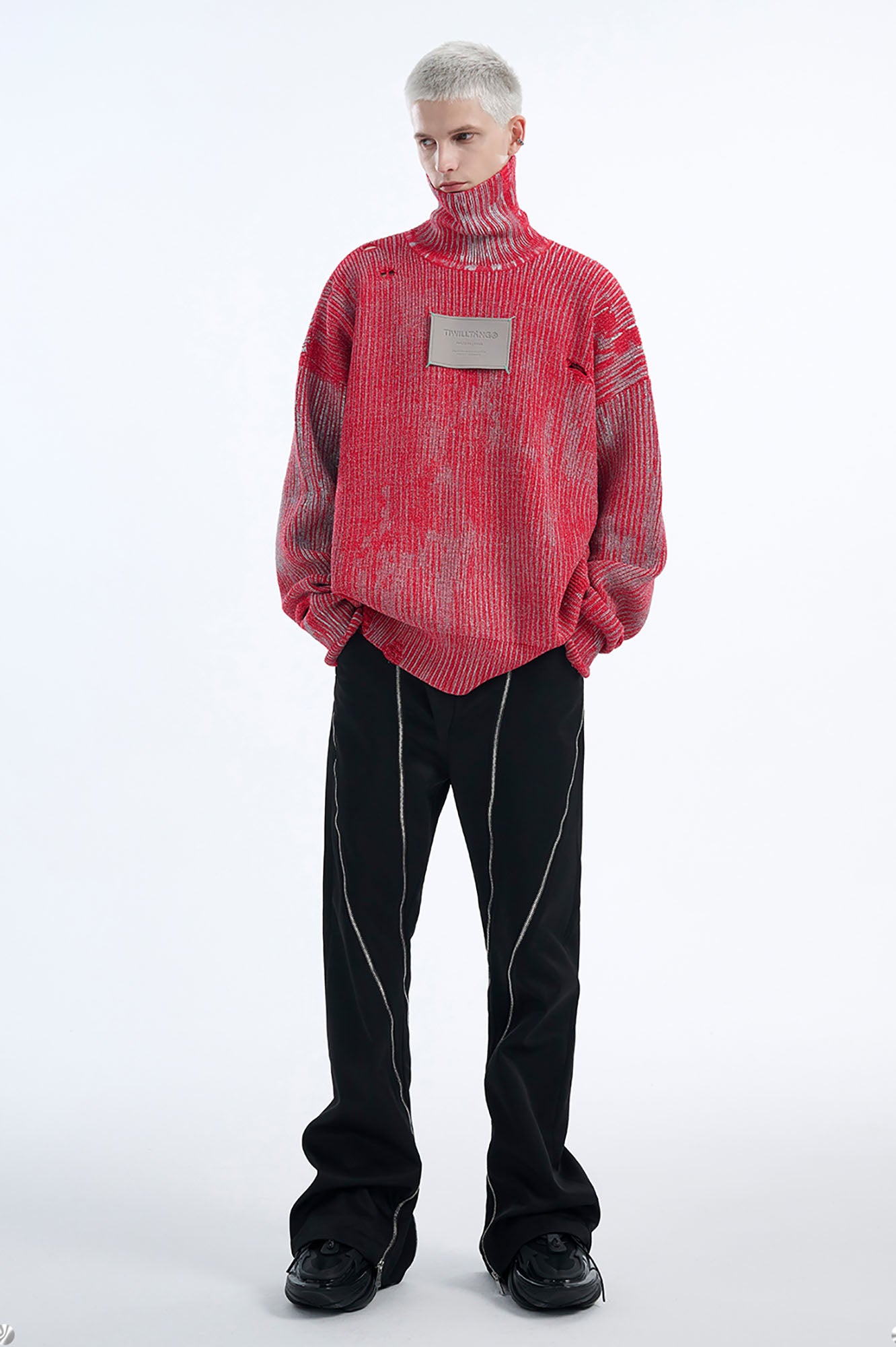 TIWILLTANG Distressed Foil High-Neck Sweater