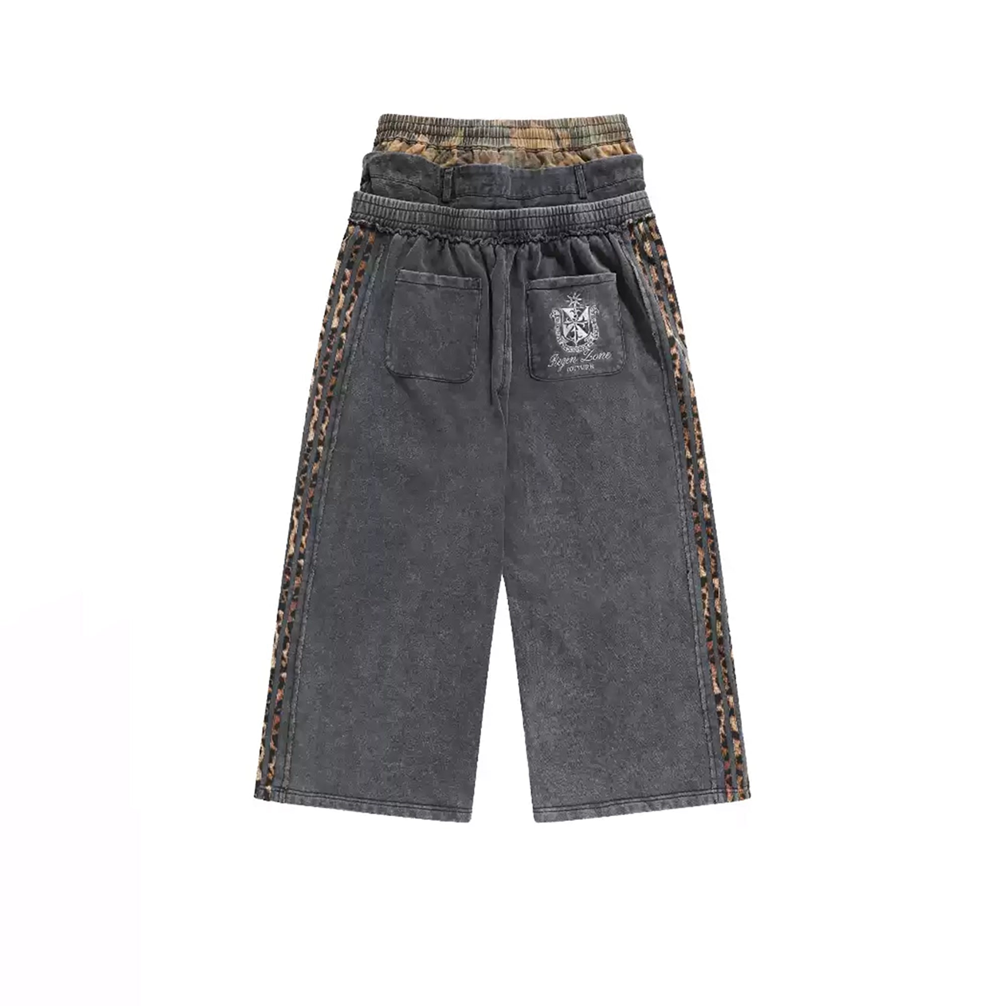 REGEN ZONE Spliced Leopard Camo Striped Sweatpants