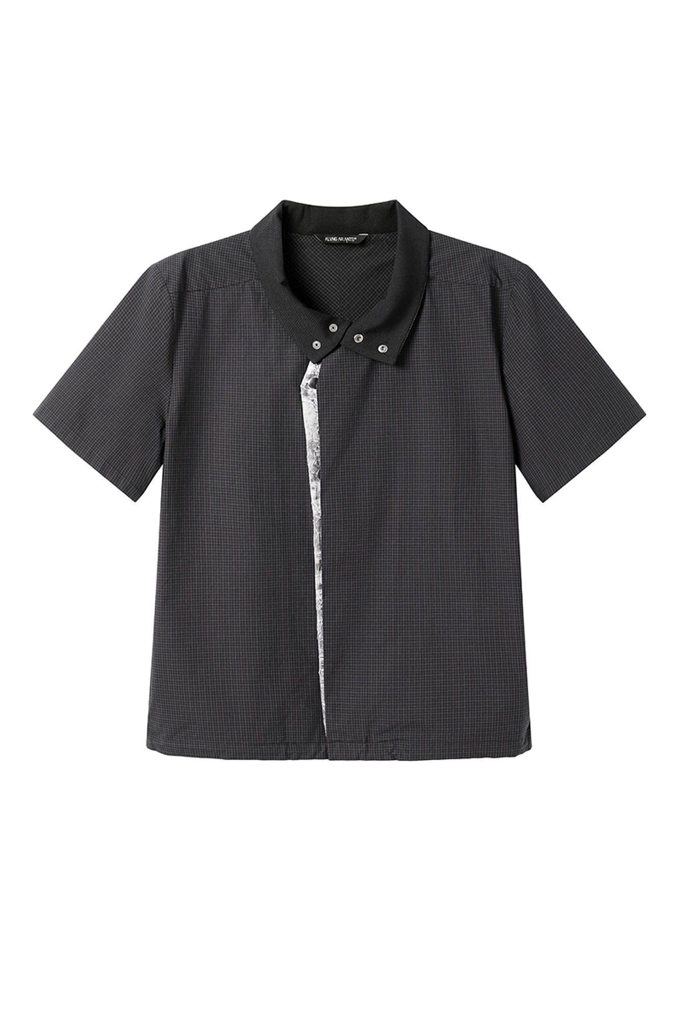 ALVNG AR ANTS Asymmetrical Snap Placket Mini Check Half Shirt, premium urban and streetwear designers apparel on PROJECTISR.com, ALVNG AR ANTS