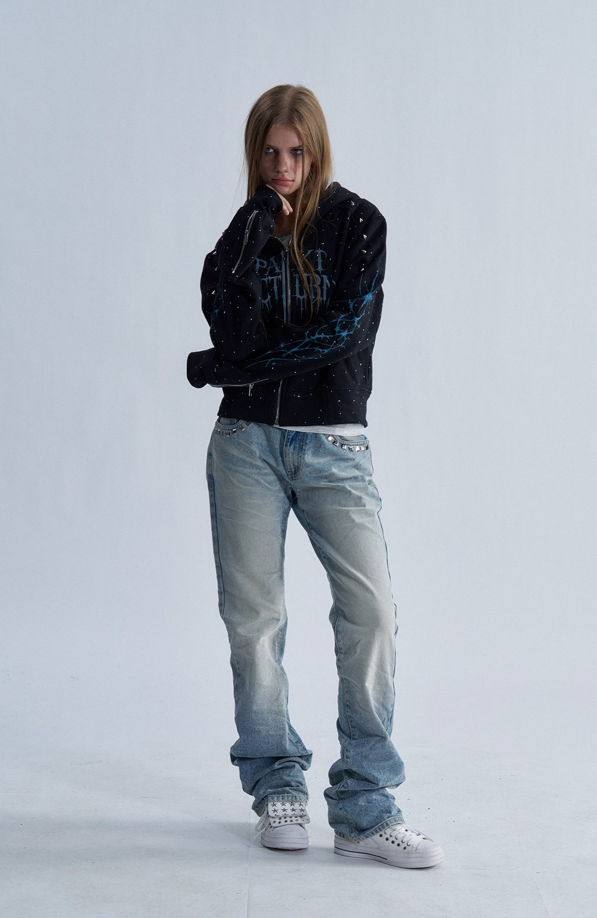 PAIKI Studded Rhinestone Zip-Up Hoodie