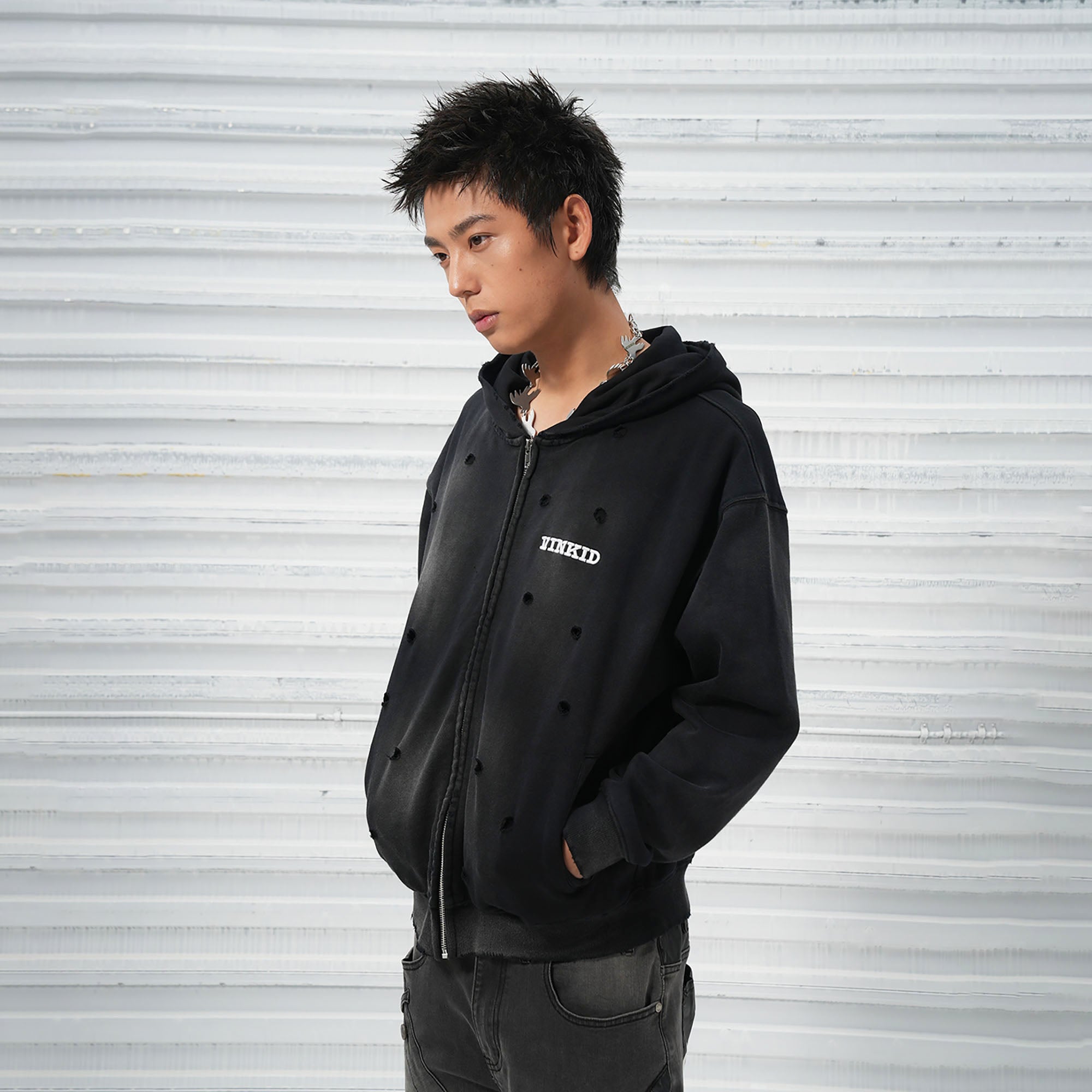 VINKID Distressed Worn Logo Zip Hooded Jacket, premium urban and streetwear designers apparel on PROJECTISR.com, VINKID