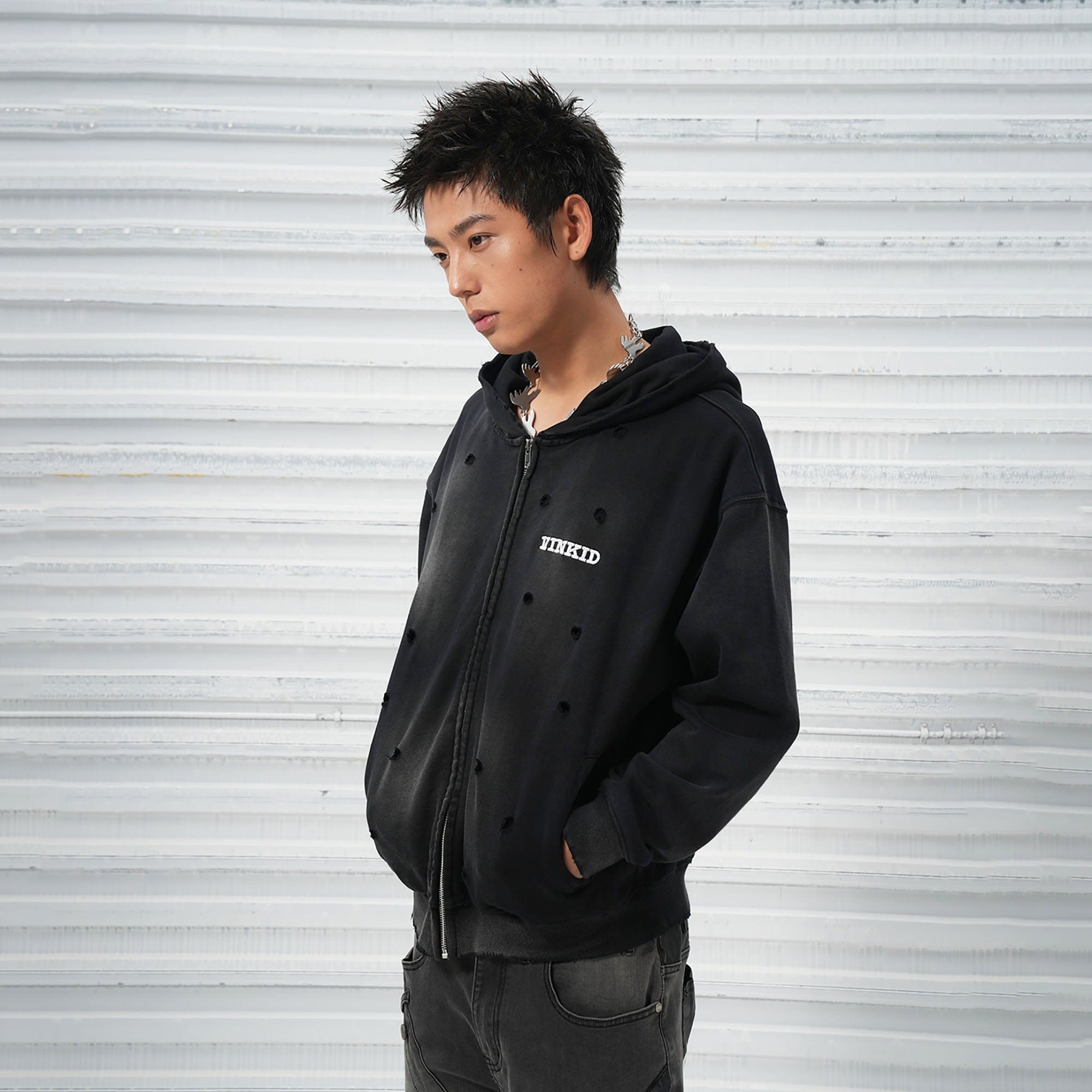 VINKID Distressed Worn Logo Zip Hooded Jacket, premium urban and streetwear designers apparel on PROJECTISR.com, VINKID