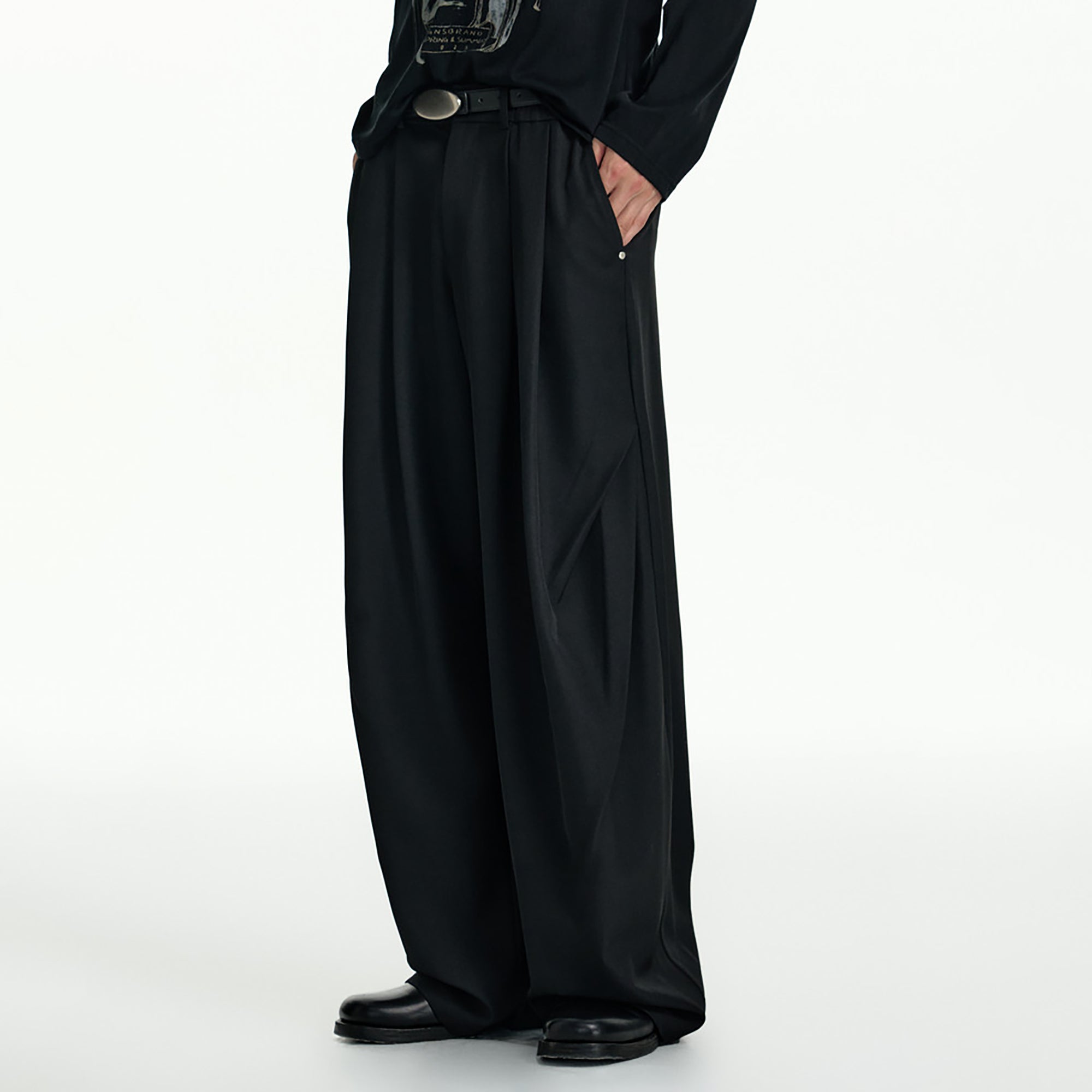 TGNS Elastic Waistband Pleated Wide-Leg Trousers