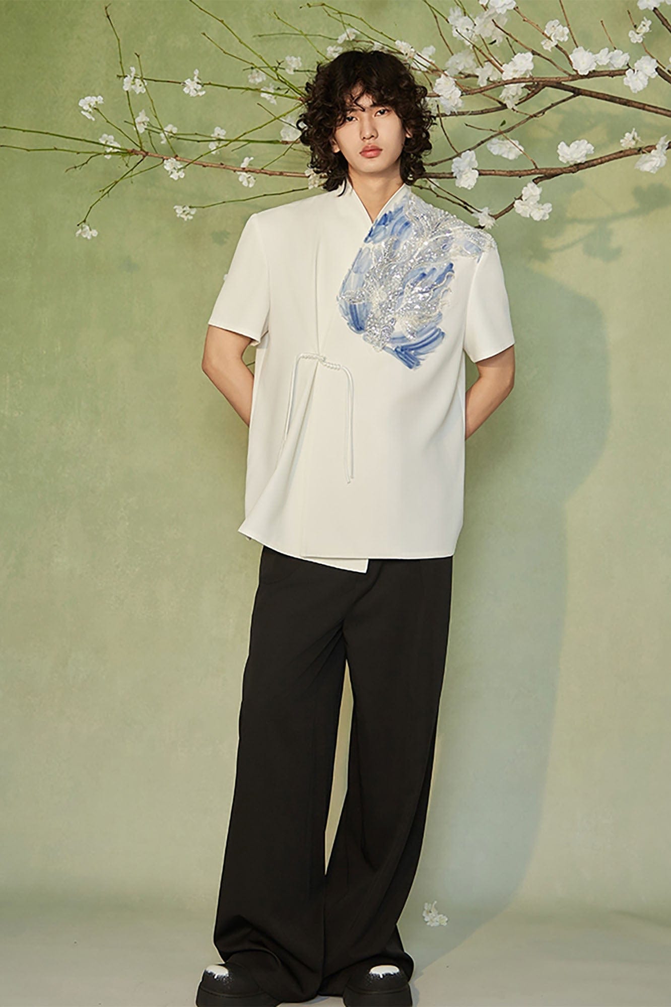 JIECHI Seascape Koi Embroidered Asymmetrical Half Shirt, premium urban and streetwear designers apparel on PROJECTISR.com, JIECHI