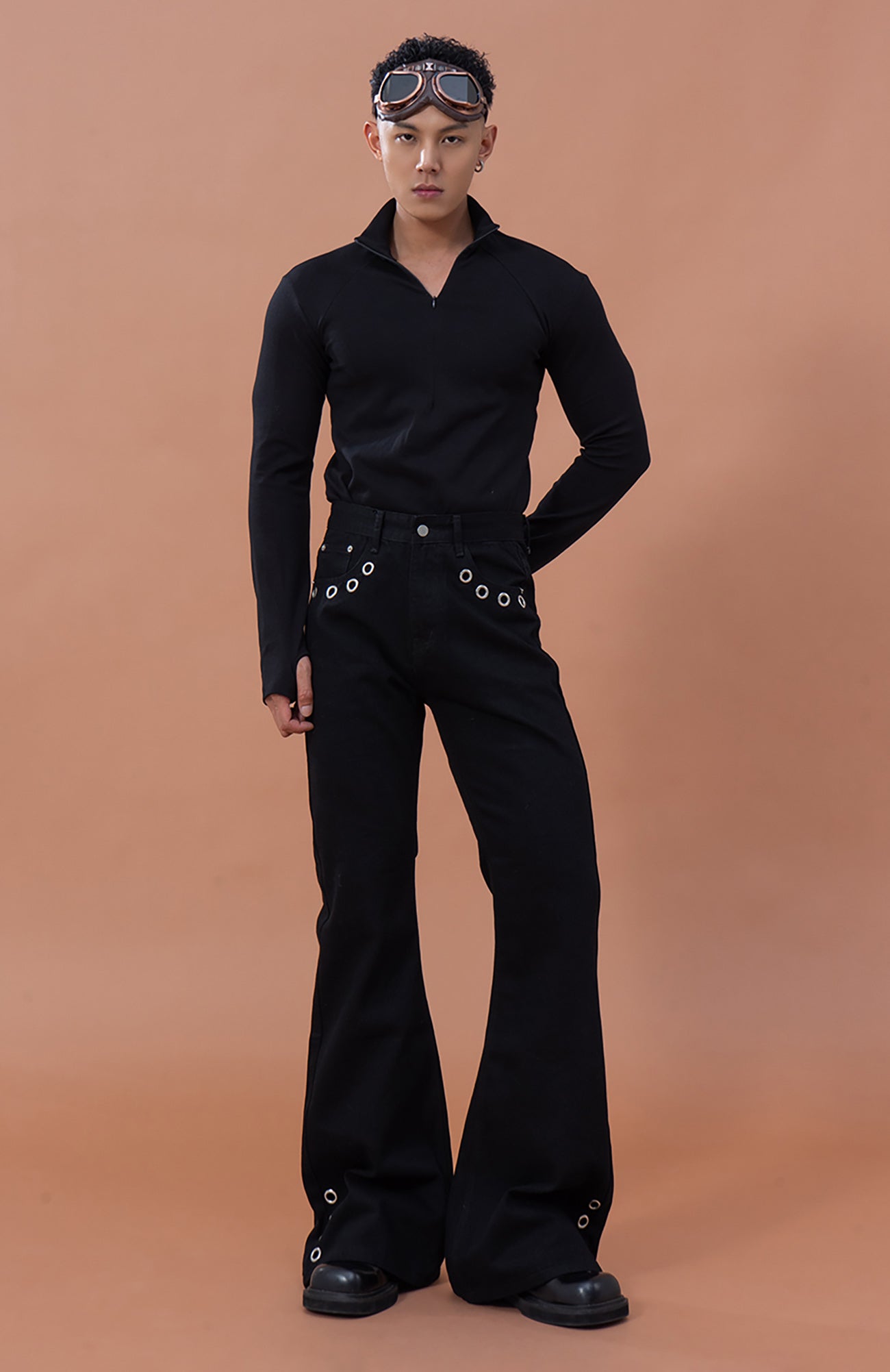 CLP Eyelet-Stud Stacked Hem Flared Jeans, premium urban and streetwear designers apparel on PROJECTISR.com, CLP