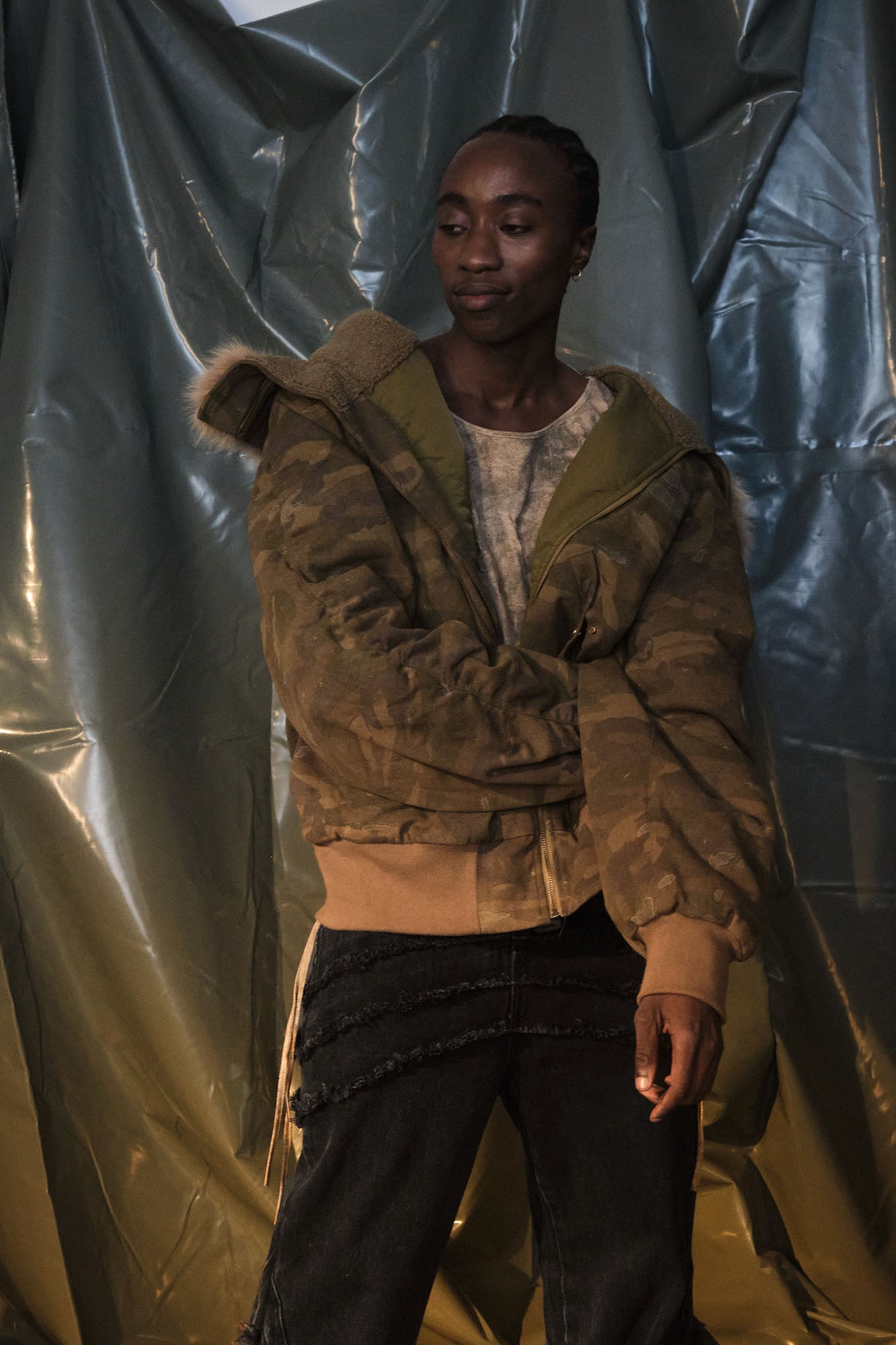 RECOVER ZONE Camo Faux-Fur Collar Bomber Jacket