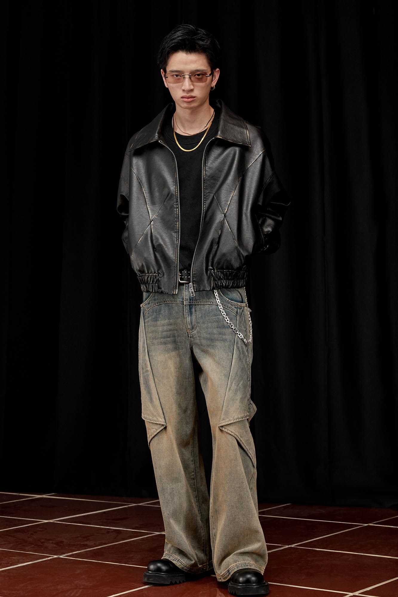 ALVNG AR ANTS Retro Distressed Spliced PU Jacket, premium urban and streetwear designers apparel on PROJECTISR.com, ALVNG AR ANTS