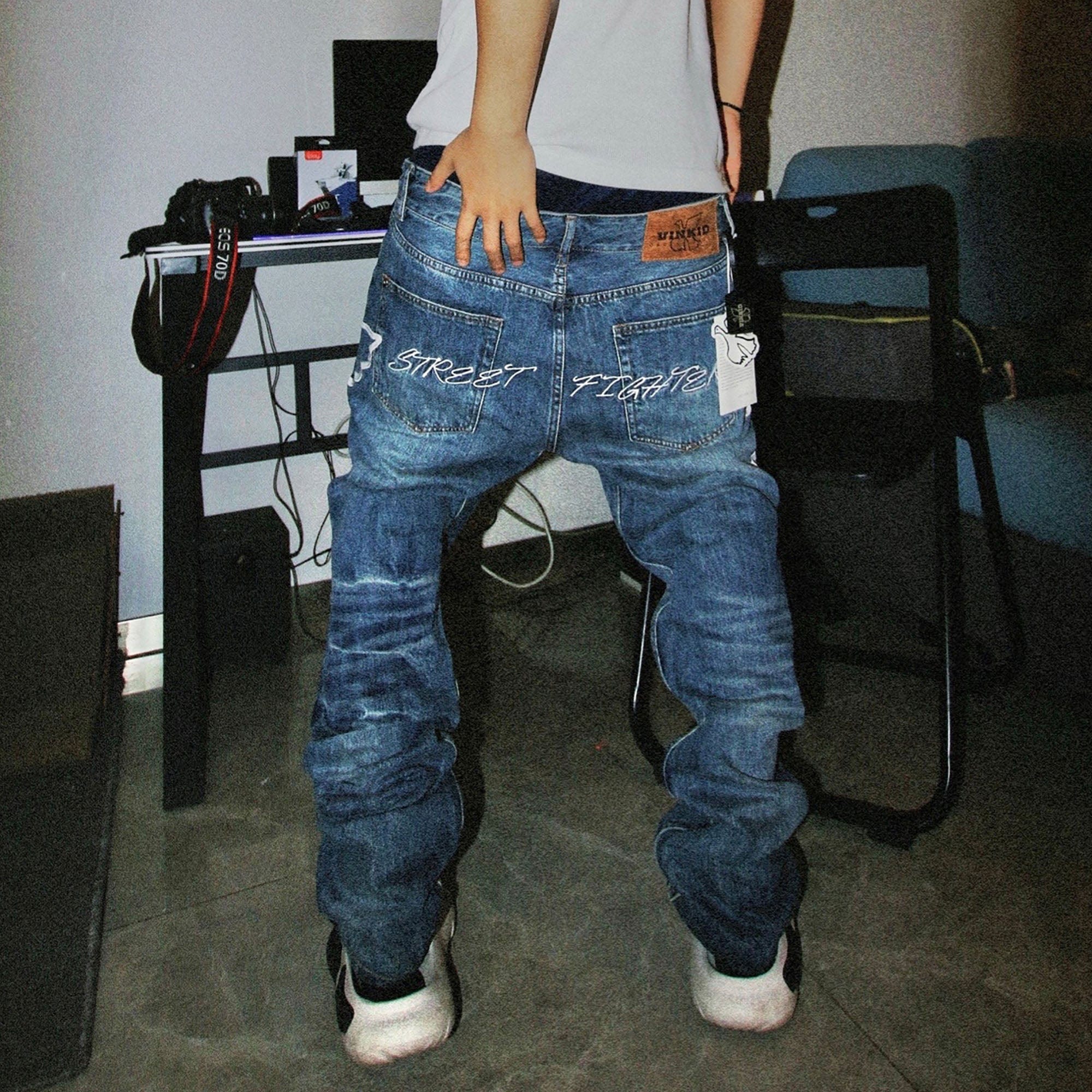VINKID Dove Embroidered Distressed Stacked Jeans, premium urban and streetwear designers apparel on PROJECTISR.com, VINKID