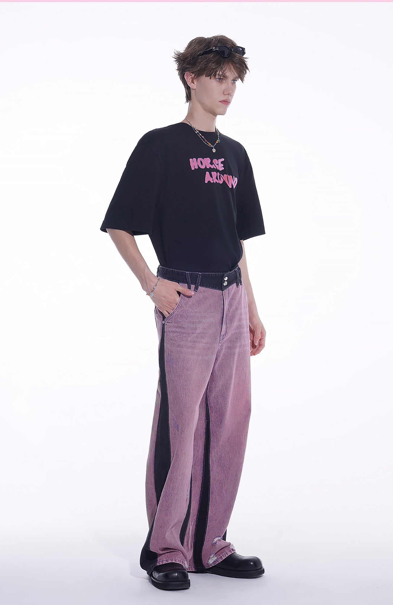 TIWILLTANG Distressed Contrast Paneled Wide-Leg Jeans, premium urban and streetwear designers apparel on PROJECTISR.com, TIWILLTANG