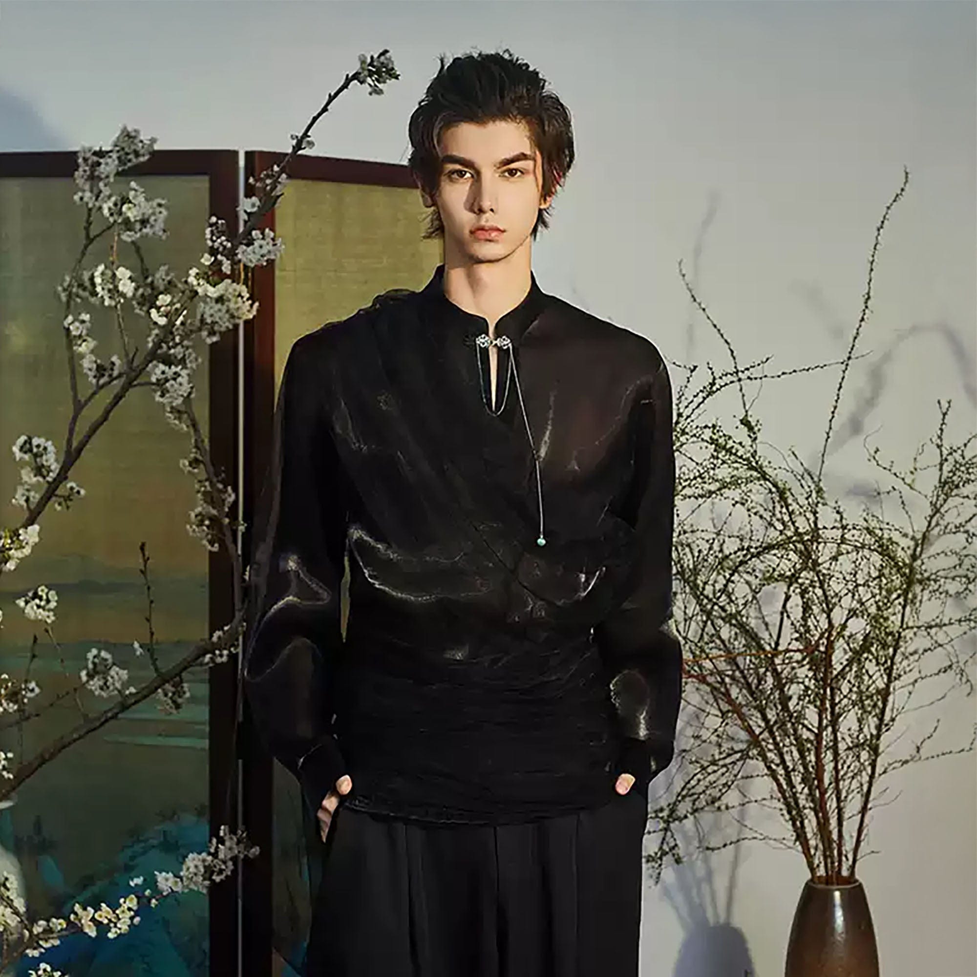 JIECHI Draped Sheer Brooch Organza Shirt, premium urban and streetwear designers apparel on PROJECTISR.com, JIECHI