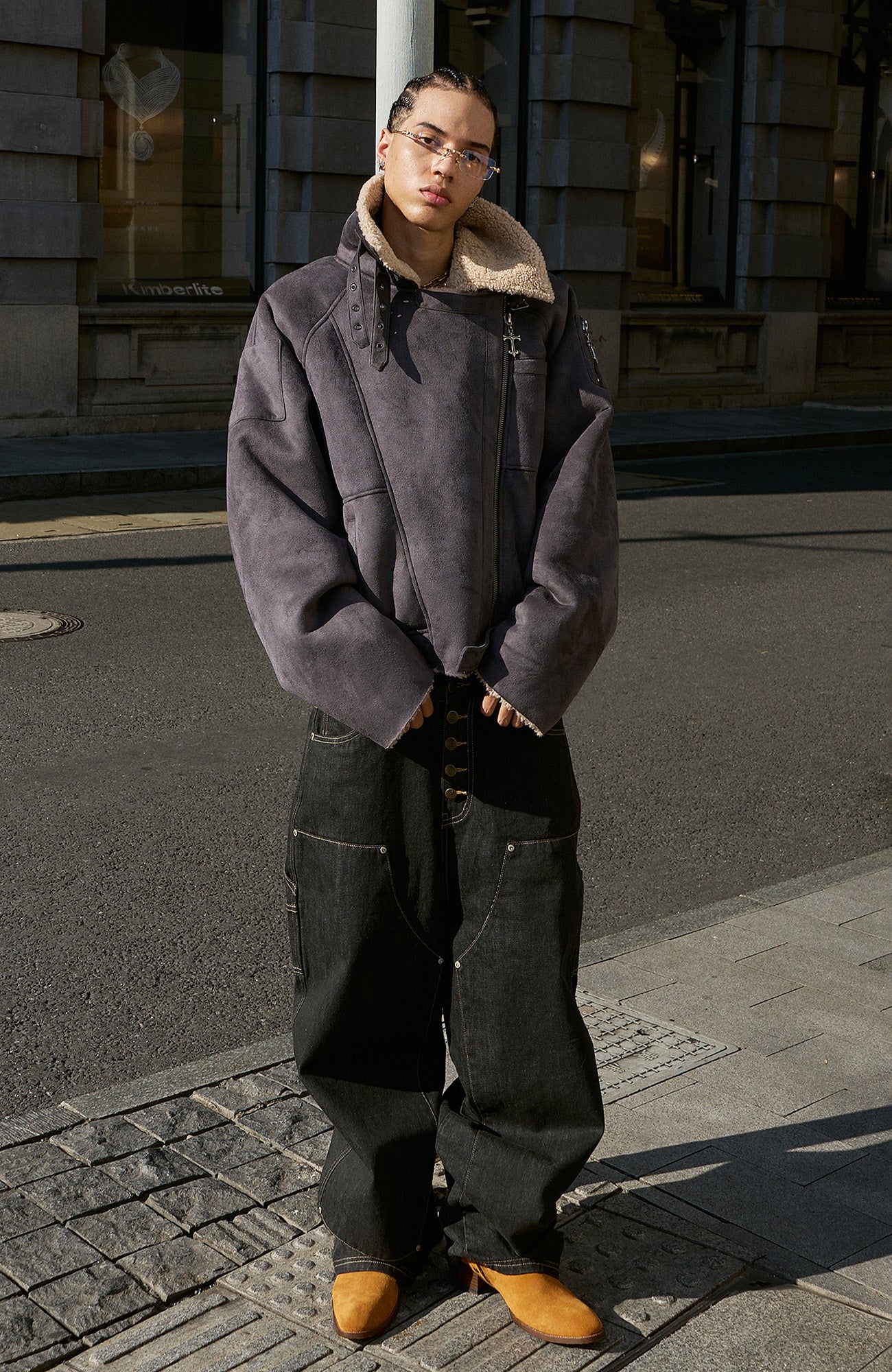 STEEPC Asym Zip Suede Shearling Jacket