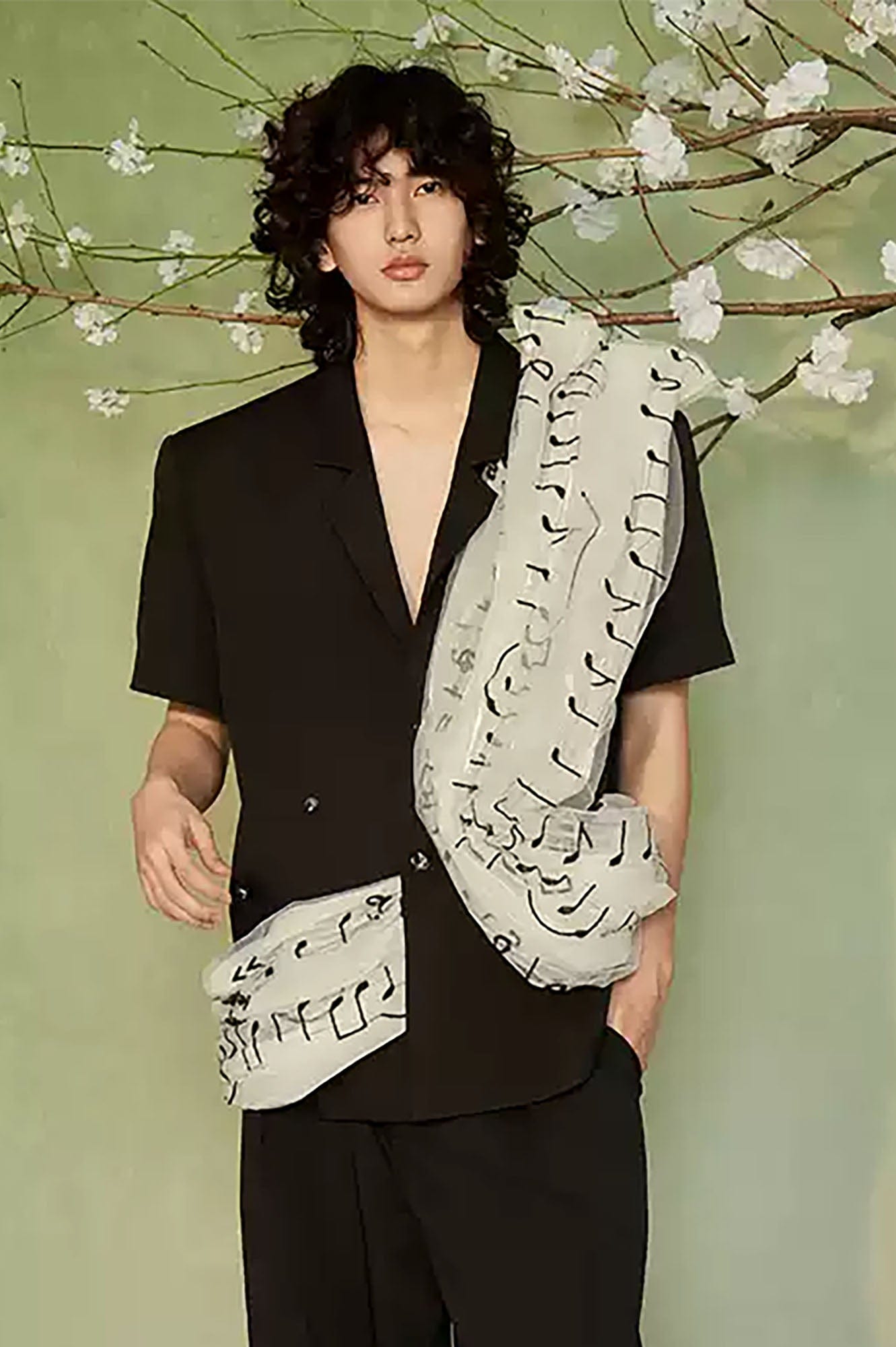 JIECHI Musical Score Layered Tulle Drape Half Shirt, premium urban and streetwear designers apparel on PROJECTISR.com, JIECHI