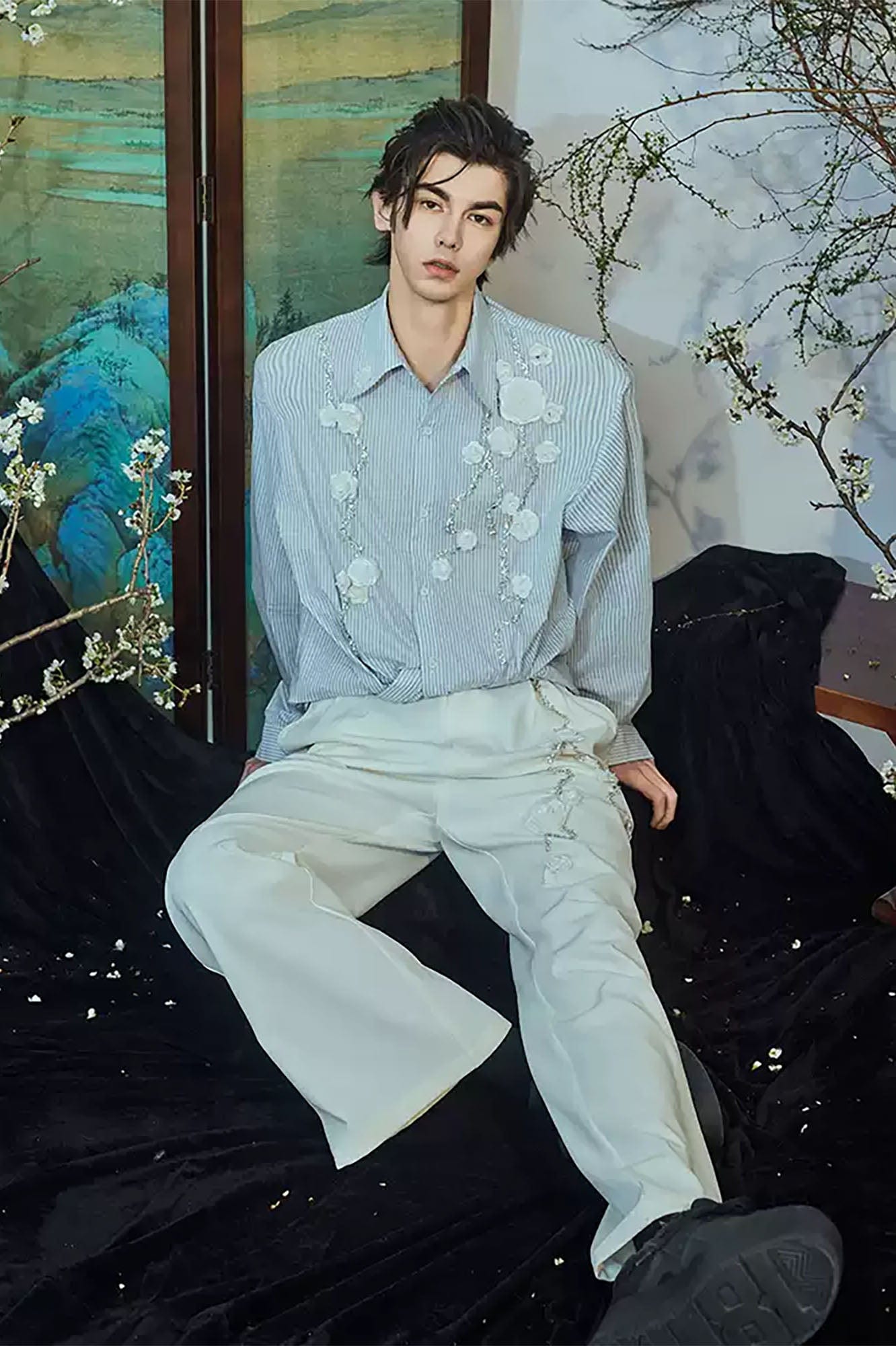JIECHI Vine Rose Embroidered Striped Shirt, premium urban and streetwear designers apparel on PROJECTISR.com, JIECHI