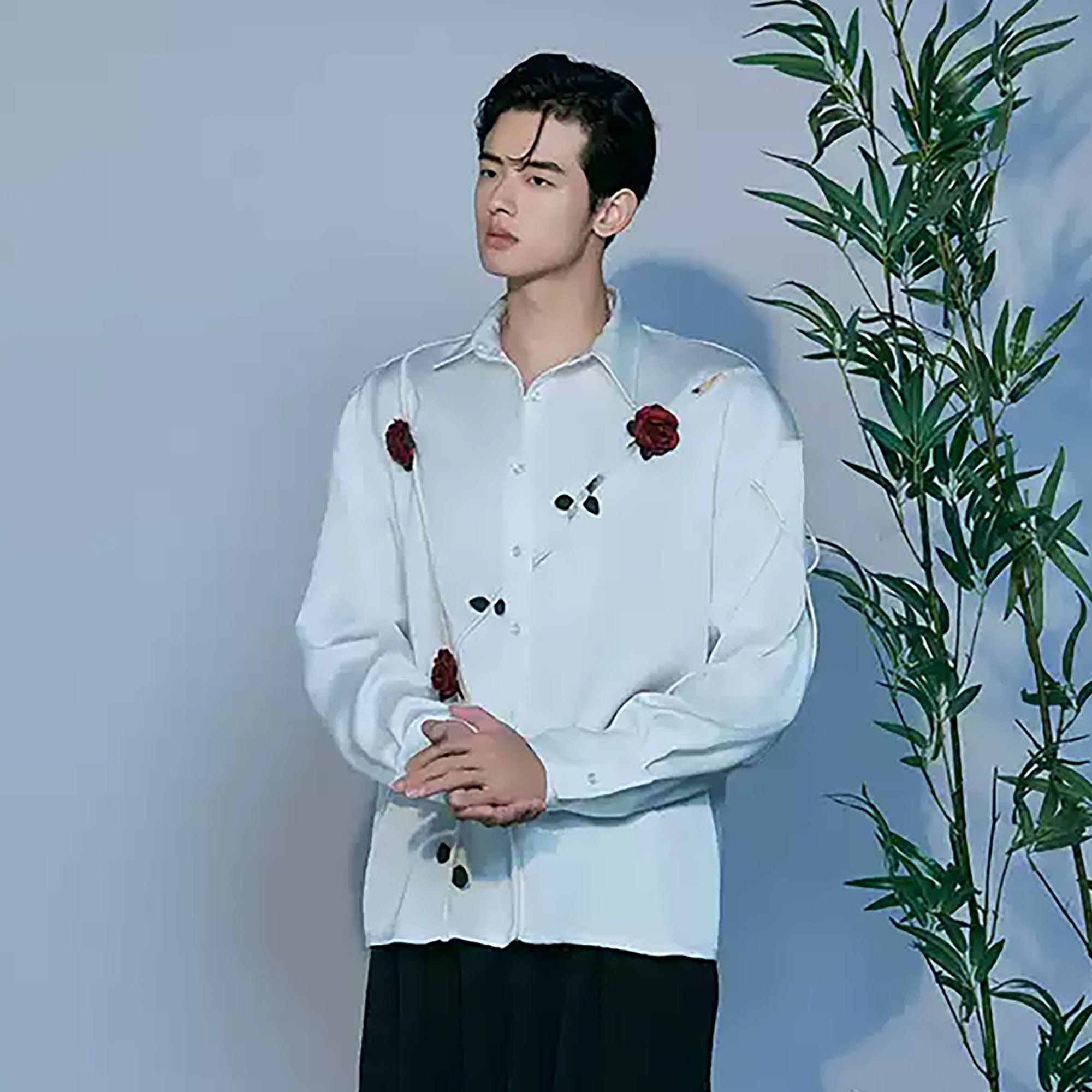JIECHI Rose Embellished Acetate Spliced Shirt, premium urban and streetwear designers apparel on PROJECTISR.com, JIECHI