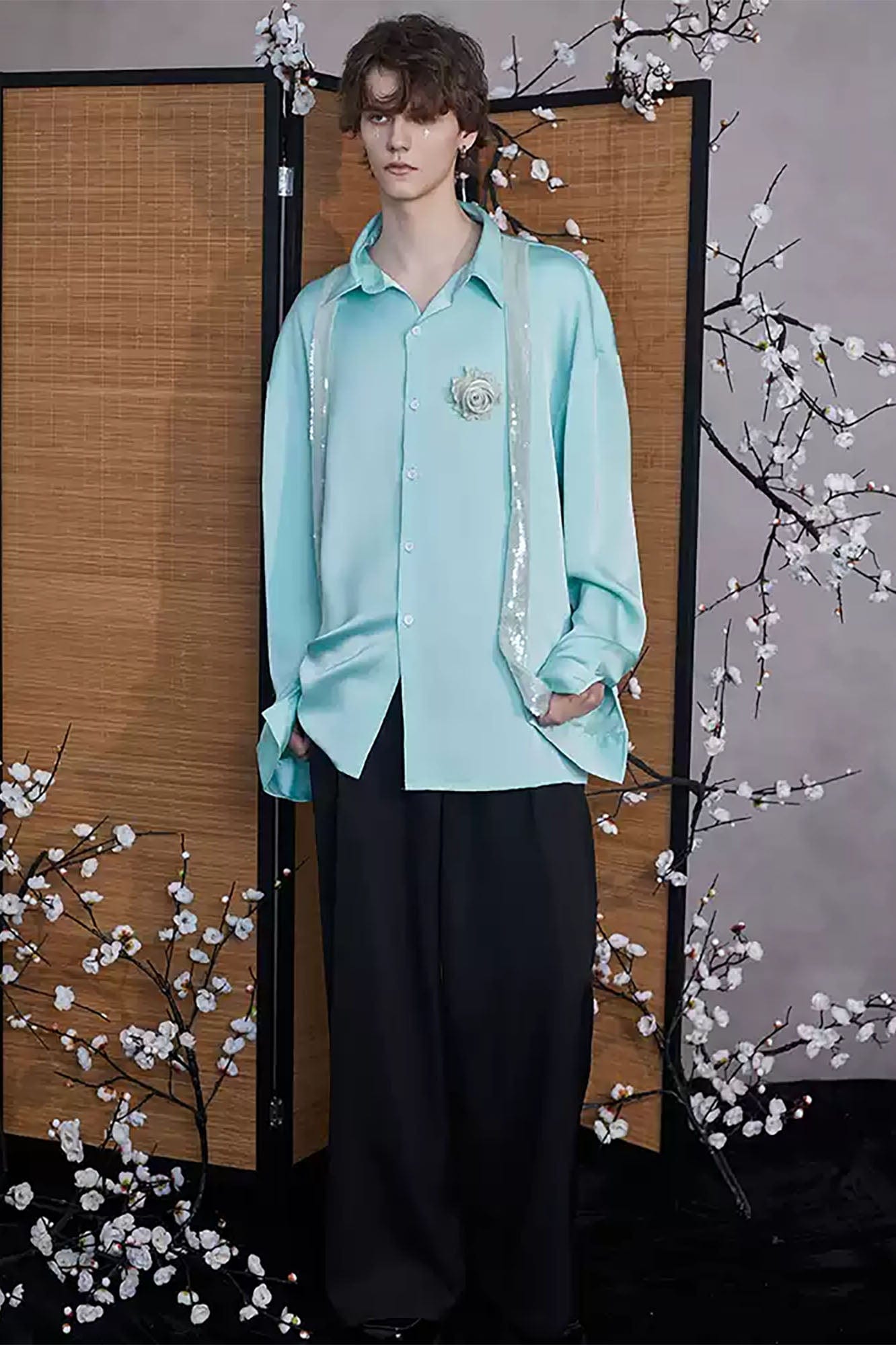 JIECHI Bloom Sequin-Draped Satin Shirt Aqua, premium urban and streetwear designers apparel on PROJECTISR.com, JIECHI