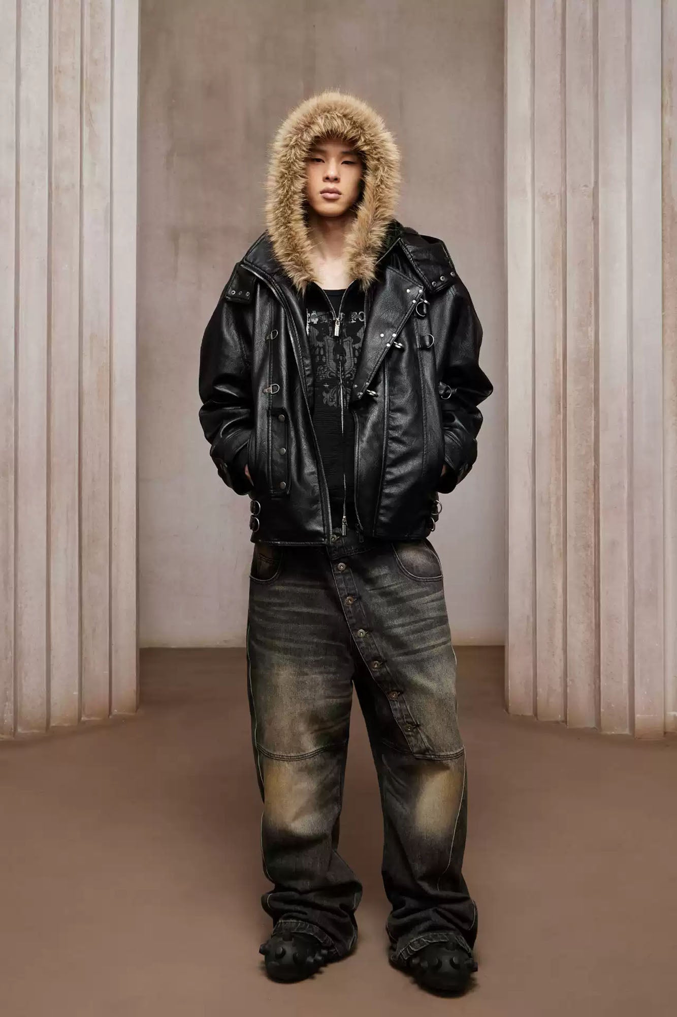 DND4DES Retro Buckle Faux Leather Hooded Jacket