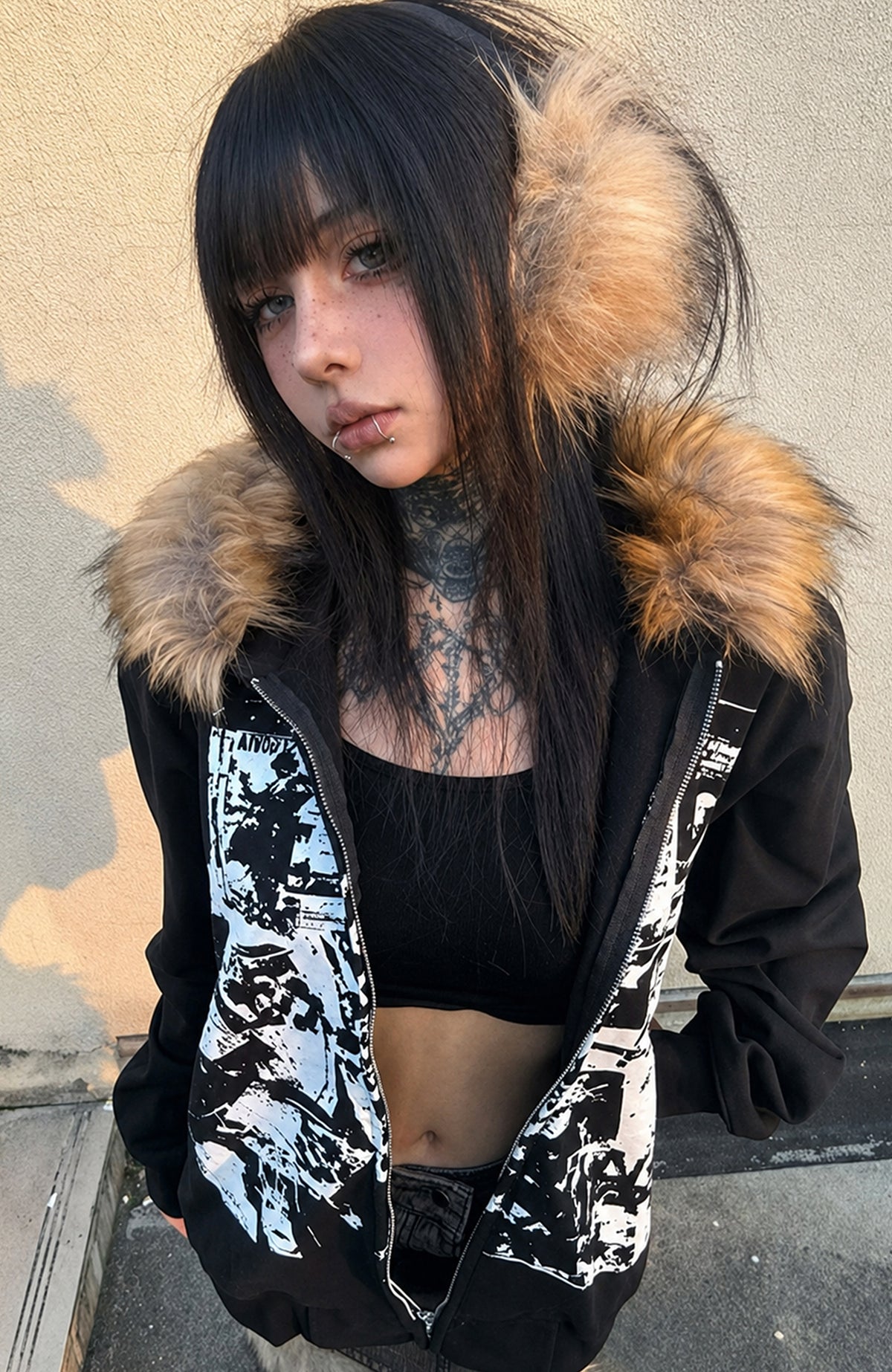 PAIKI Retro Band Graphic Faux Fur Collar Zip-Up Hoodie