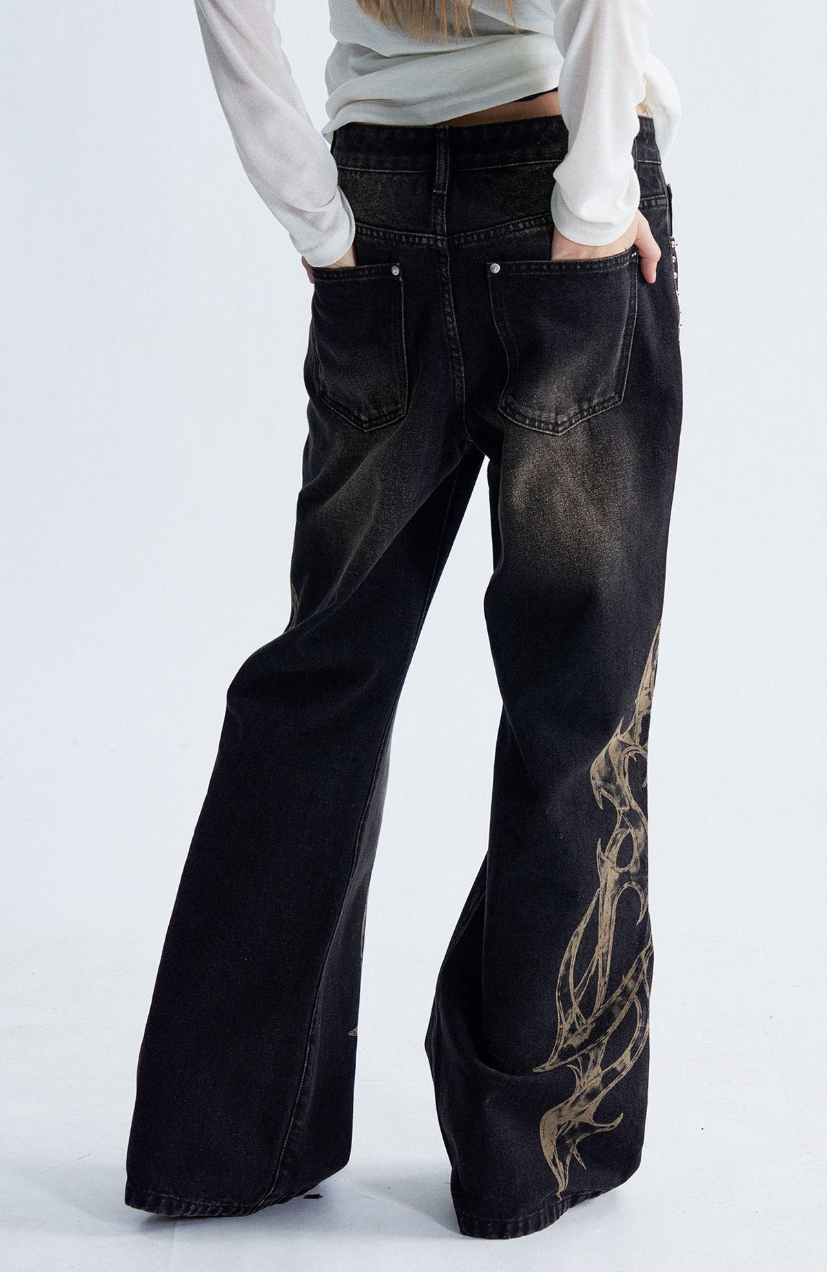 PAIKI Flame Totem Rivet Washed Straight-Leg Jeans
