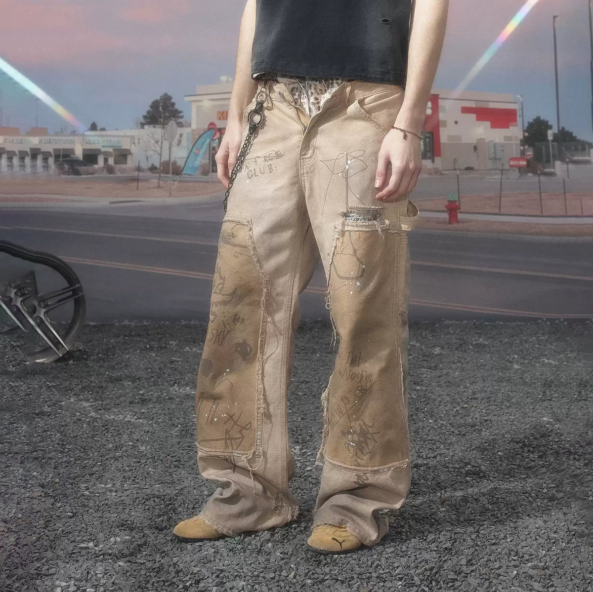 KLICK CLAK Washed Distressed Graffiti Raw Wood Jeans