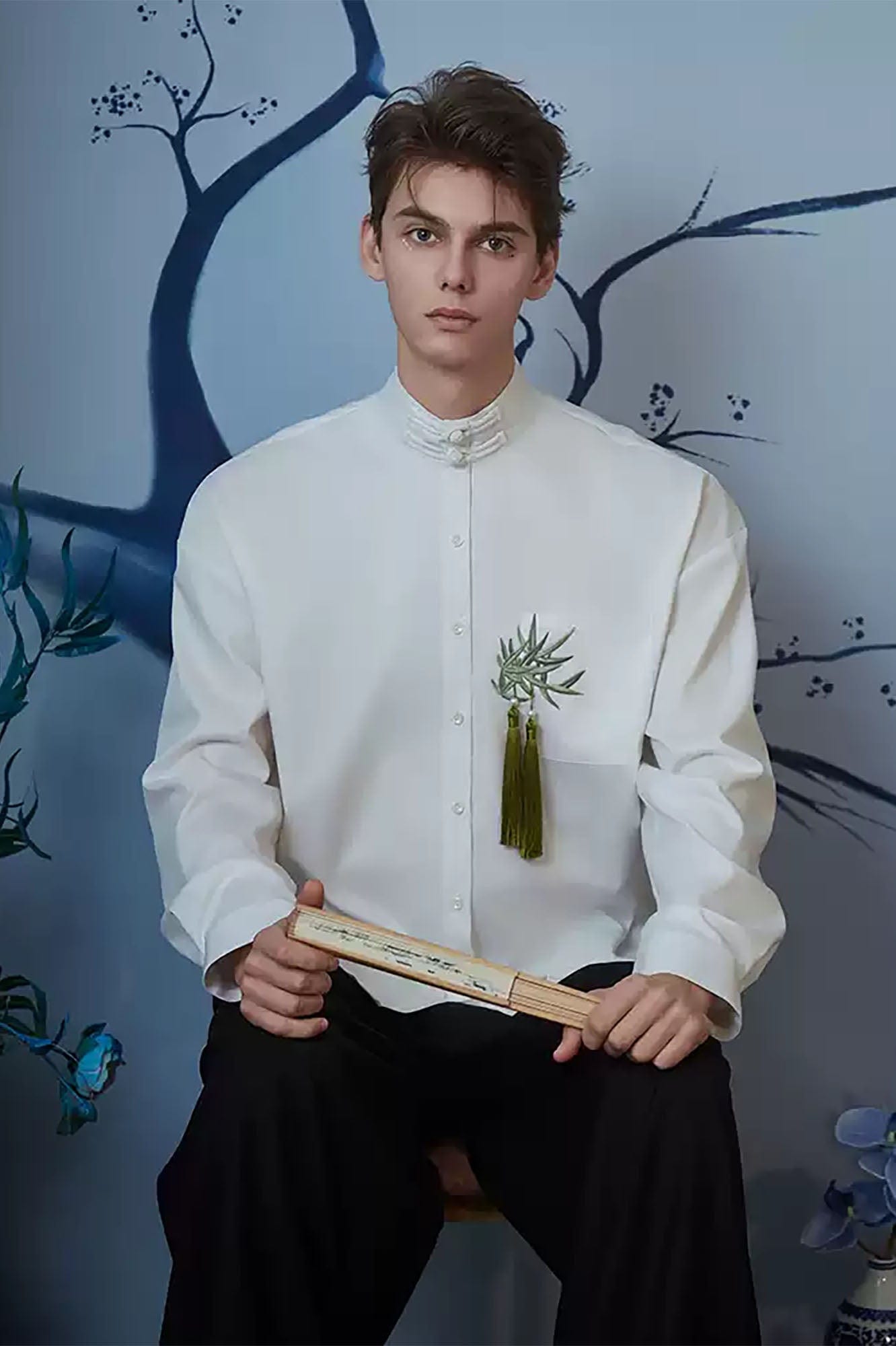 JIECHI Bamboo Tassel Embroidered Mandarin Shirt, premium urban and streetwear designers apparel on PROJECTISR.com, JIECHI