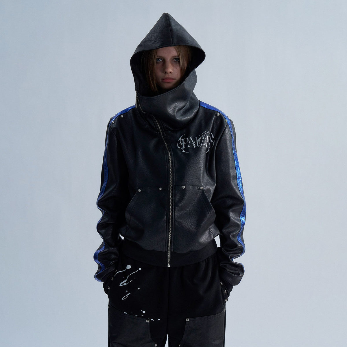PAIKI Embroidered Studded Zip-Up Hooded Faux Leather Jacket