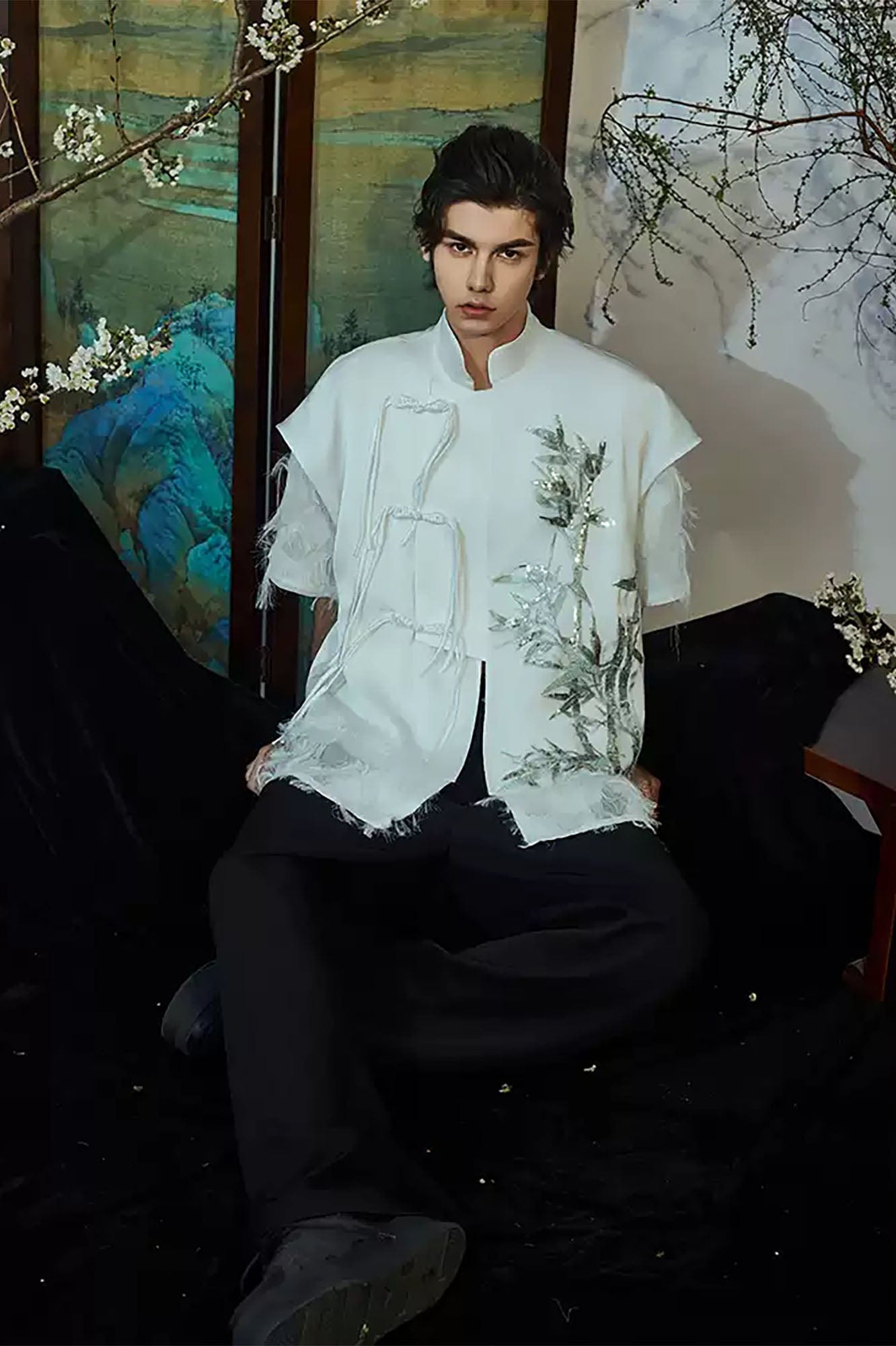 JIECHI Embroidered Bamboo Layered Mandarin Collar Half Shirt, premium urban and streetwear designers apparel on PROJECTISR.com, JIECHI