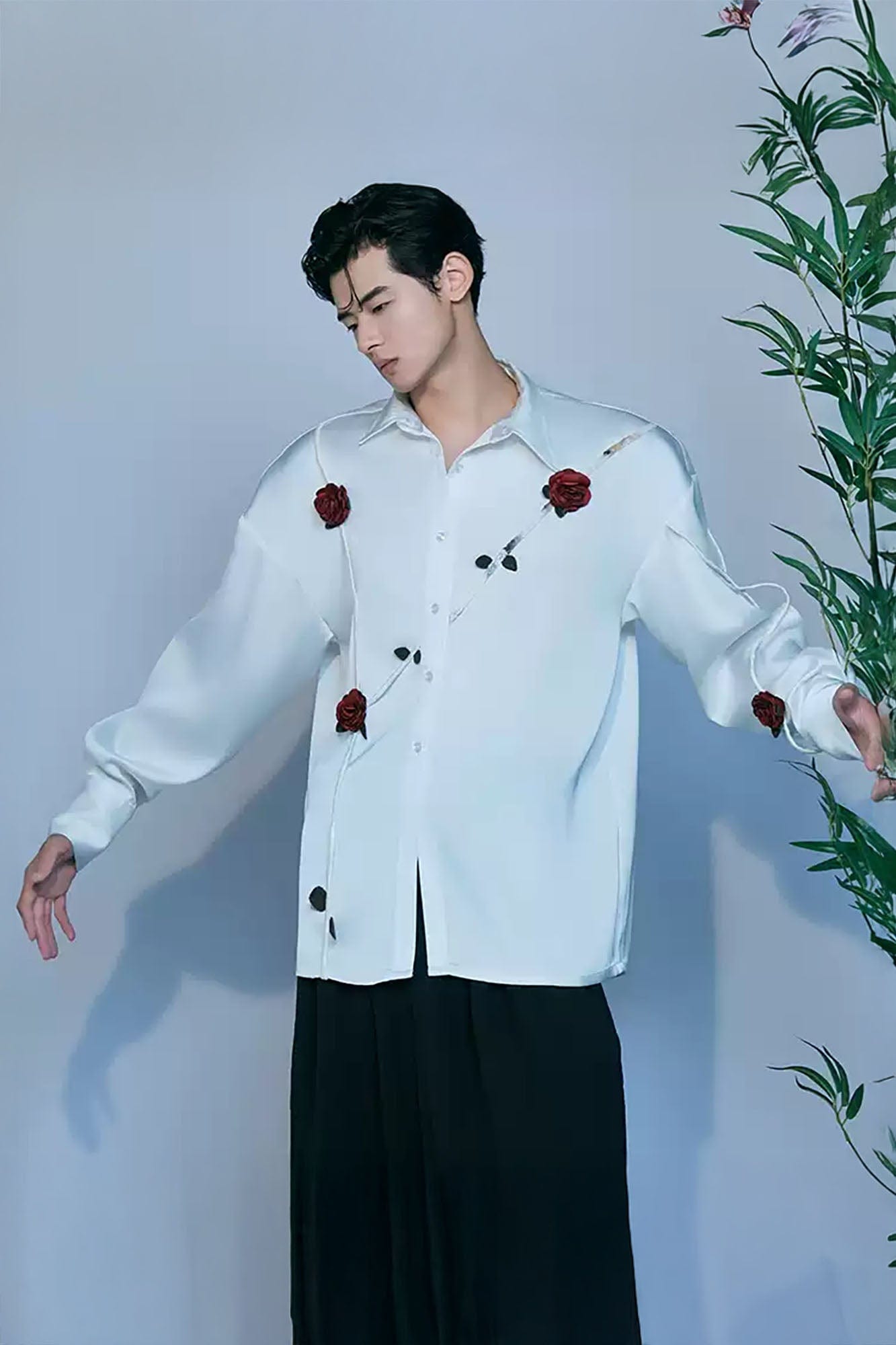 JIECHI Rose Embellished Acetate Spliced Shirt, premium urban and streetwear designers apparel on PROJECTISR.com, JIECHI