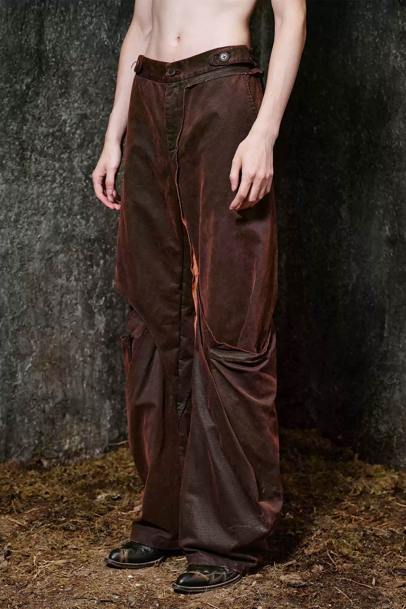 ILNya Nieternite Nifutur Weathered Coated Deconstructed Trousers, premium urban and streetwear designers apparel on PROJECTISR.com, ILNya Nieternite Nifutur