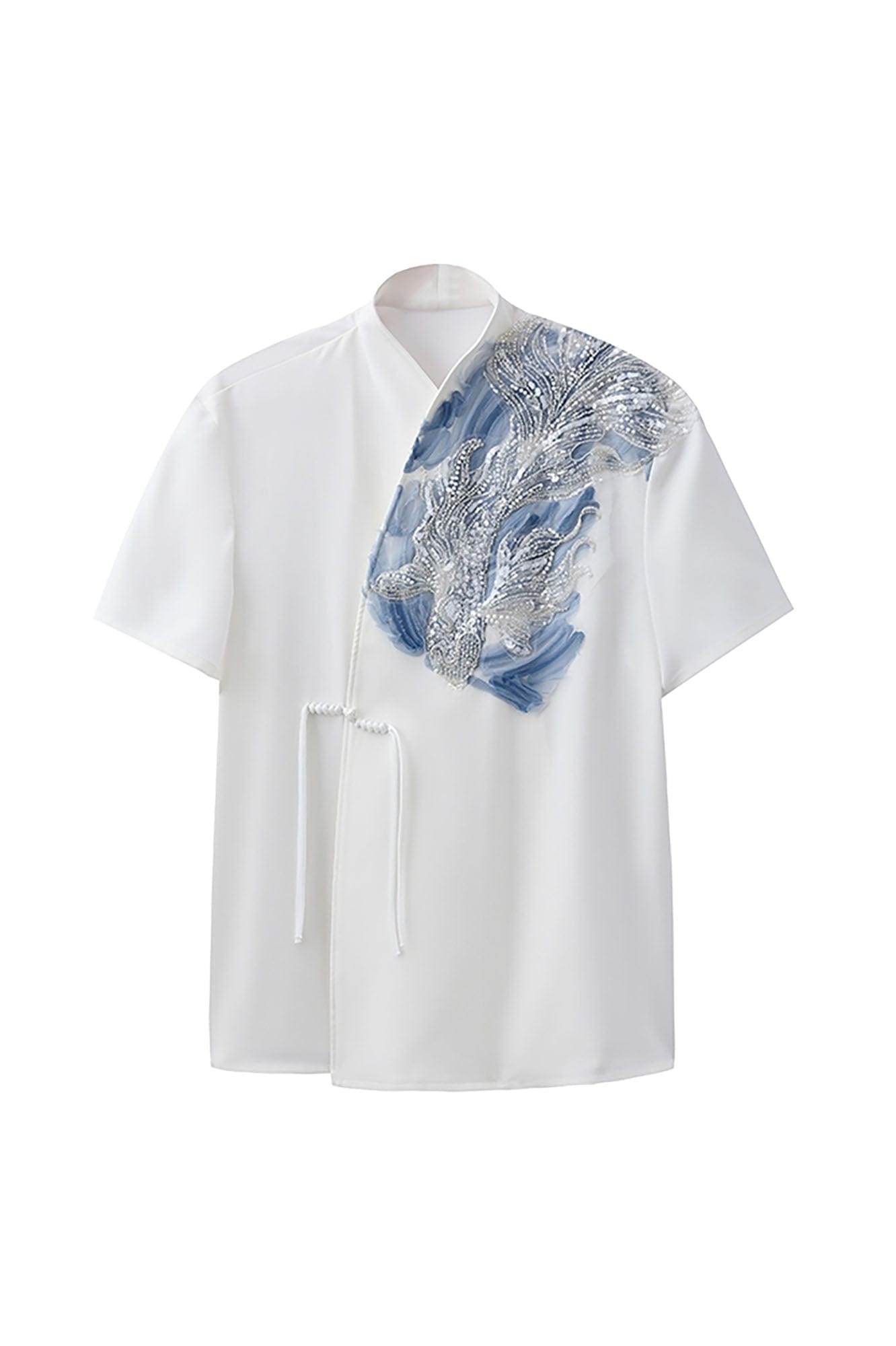 JIECHI Seascape Koi Embroidered Asymmetrical Half Shirt, premium urban and streetwear designers apparel on PROJECTISR.com, JIECHI