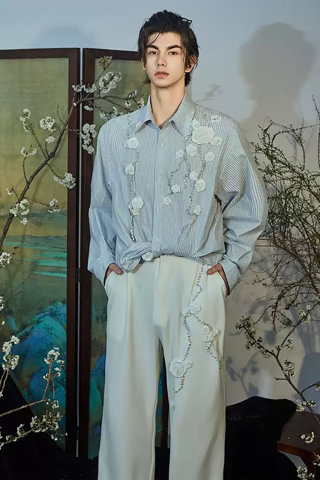 JIECHI Vine Rose Embroidered Striped Shirt, premium urban and streetwear designers apparel on PROJECTISR.com, JIECHI
