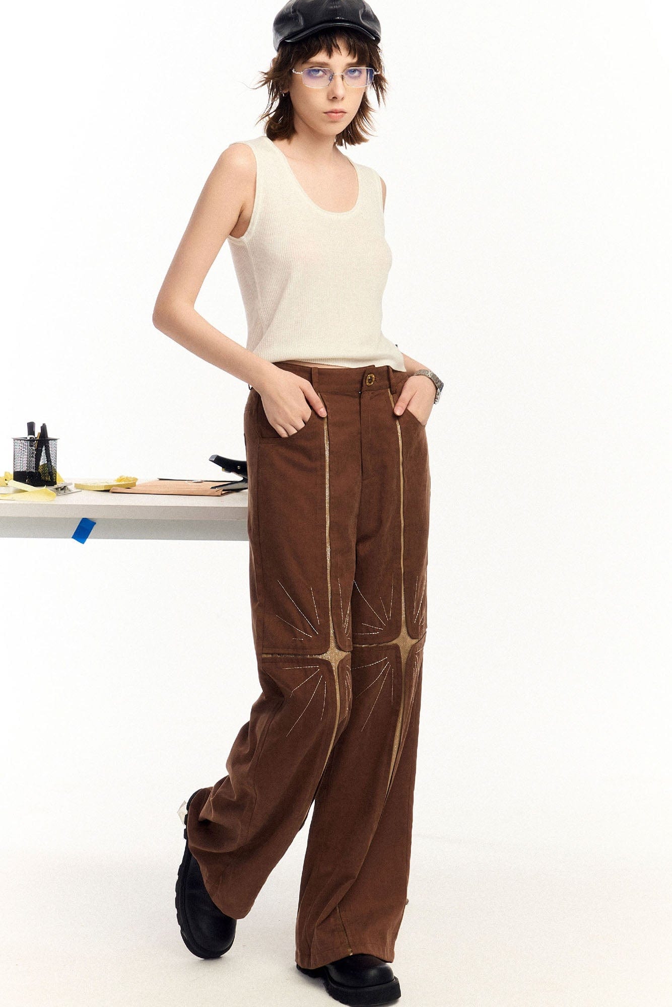 OIPWORD Middle Radiant Star Panel Wide-Leg Pants, premium urban and streetwear designers apparel on PROJECTISR.com, OIPWORD