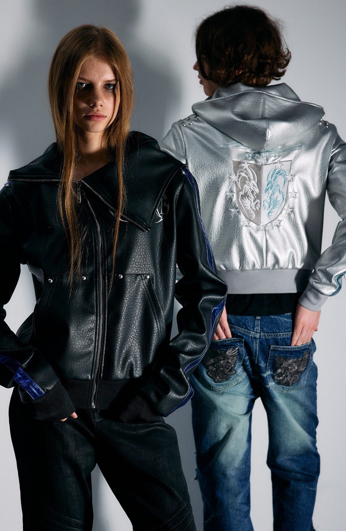 PAIKI Embroidered Studded Zip-Up Hooded Faux Leather Jacket
