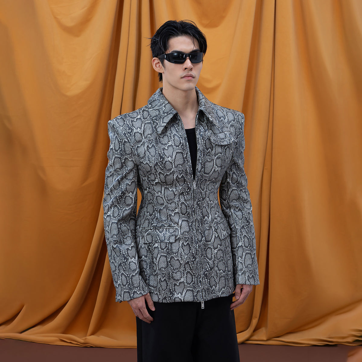 CLP Snake-Print Faux Leather Padded-Shoulder Blazer Jacket, premium urban and streetwear designers apparel on PROJECTISR.com, CLP