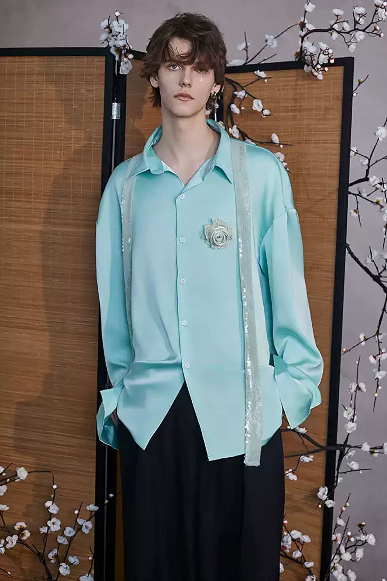 JIECHI Bloom Sequin-Draped Satin Shirt Aqua, premium urban and streetwear designers apparel on PROJECTISR.com, JIECHI