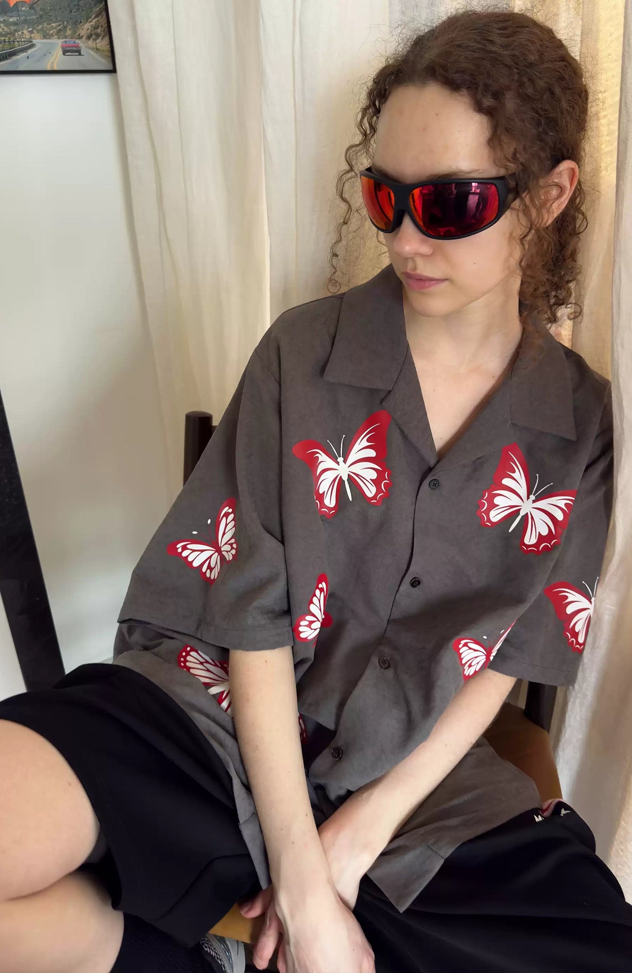 MIICHOUS Butterfly Graphic Satin Half Shirt, premium urban and streetwear designers apparel on PROJECTISR.com, MIICHOUS