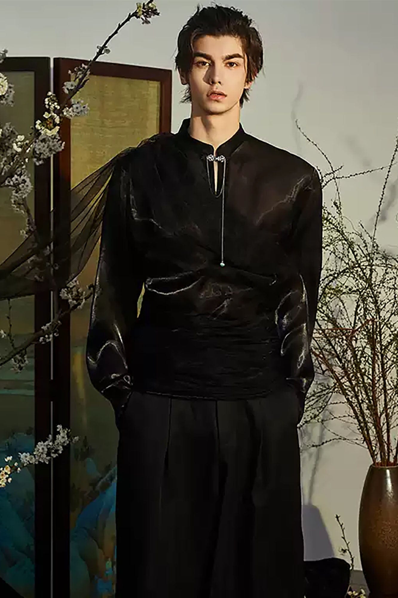JIECHI Draped Sheer Brooch Organza Shirt, premium urban and streetwear designers apparel on PROJECTISR.com, JIECHI