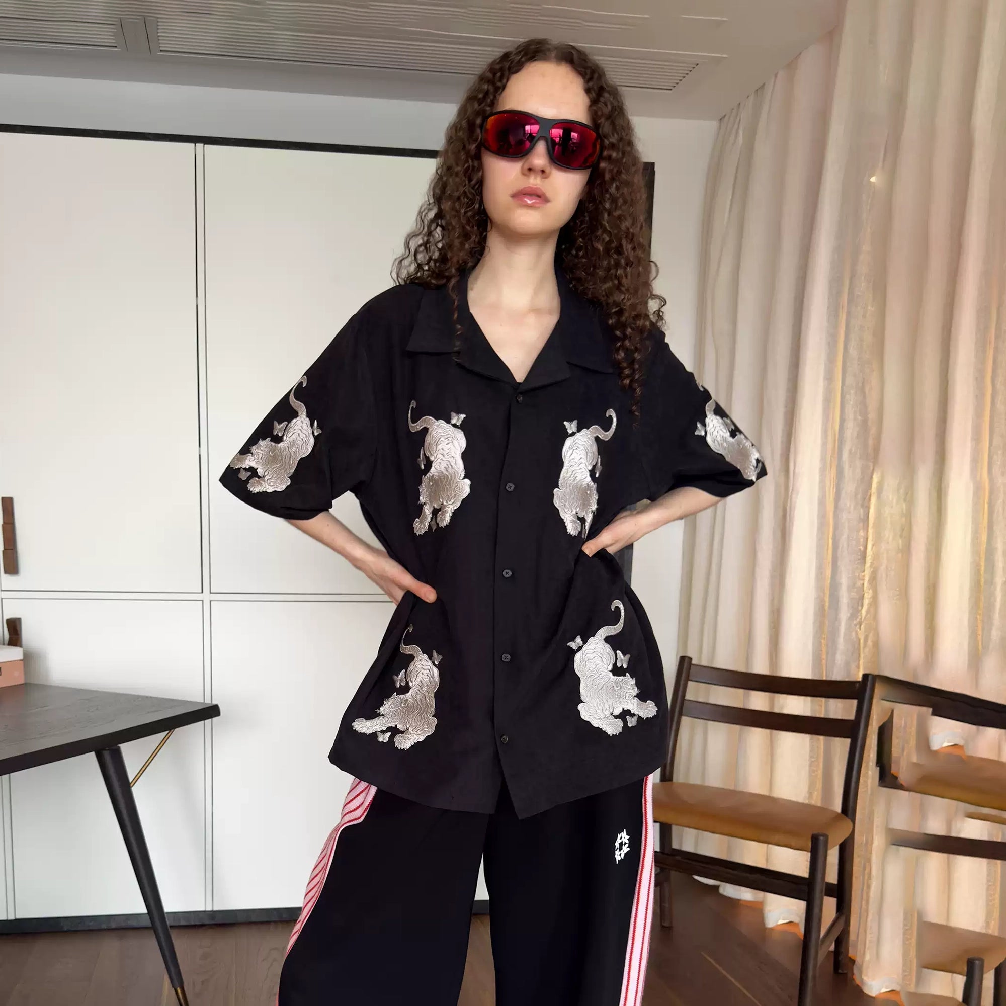 MIICHOUS Tiger Butterfly Embroidered Satin Half Shirt, premium urban and streetwear designers apparel on PROJECTISR.com, MIICHOUS