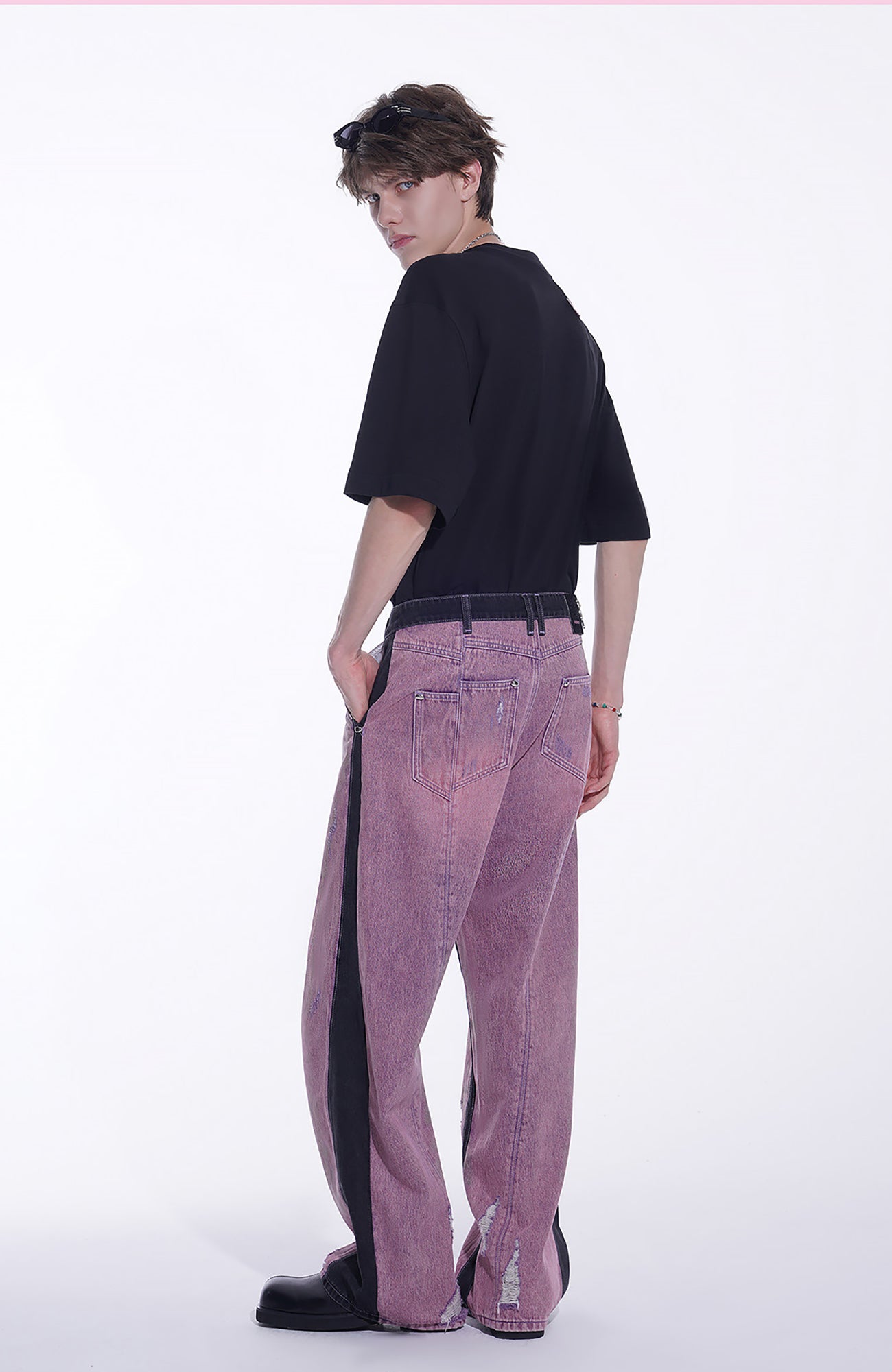 TIWILLTANG Distressed Contrast Paneled Wide-Leg Jeans, premium urban and streetwear designers apparel on PROJECTISR.com, TIWILLTANG