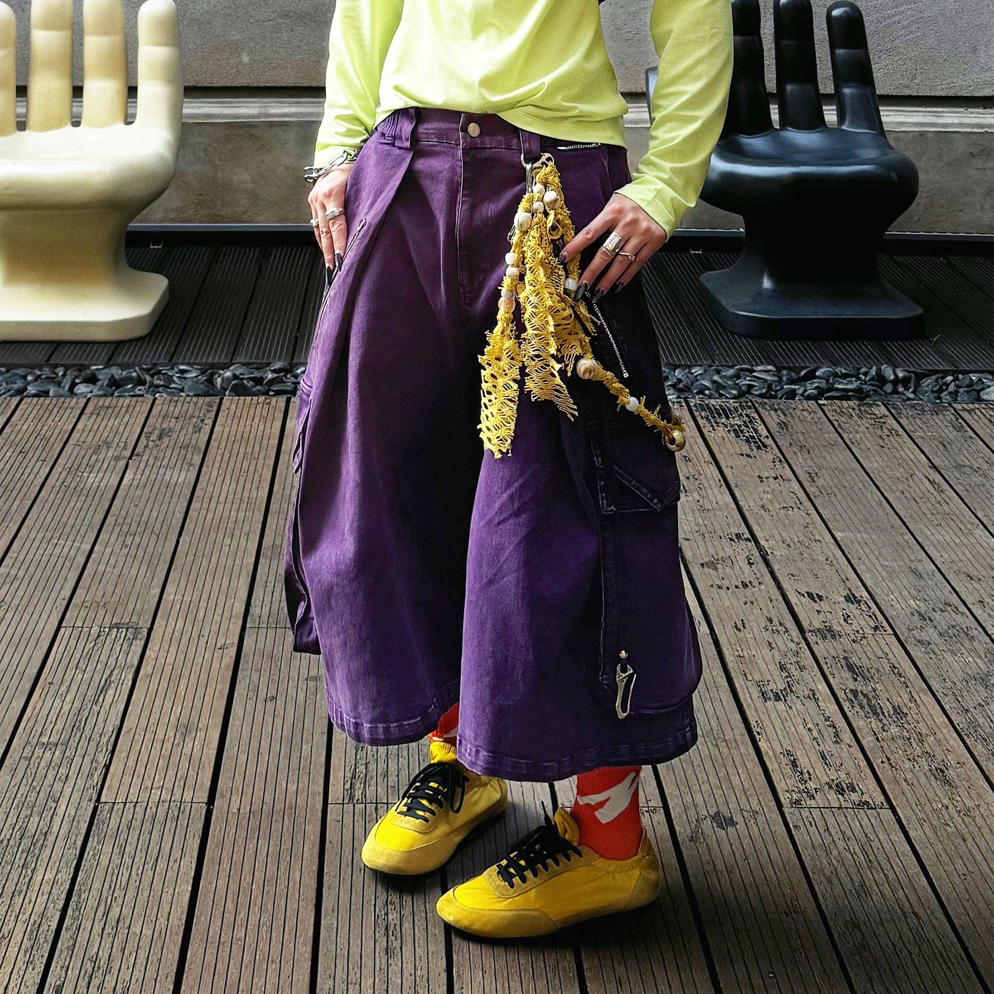 RELABEL Detachable Scarf Washed Multi-Pocket Wide-Leg Shorts Purple, premium urban and streetwear designers apparel on PROJECTISR.com, RELABEL