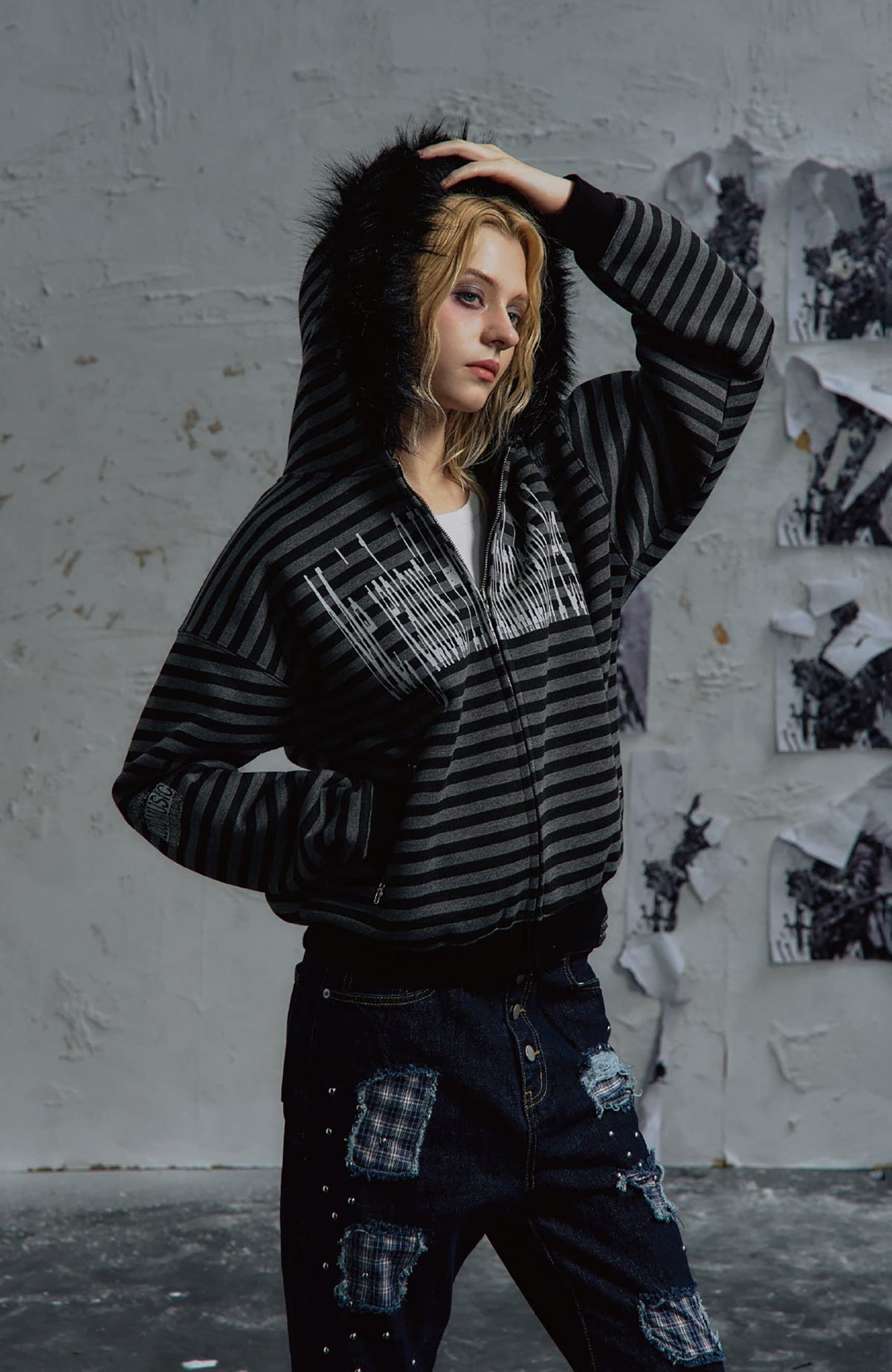 PAIKI Striped Ribbed Hooded Cardigan Sweater